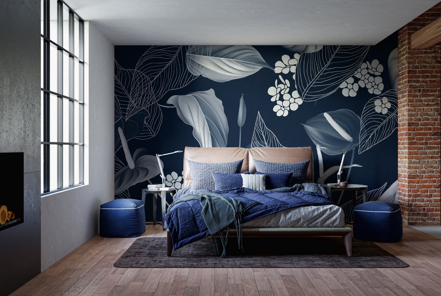 Peel & Stick blue floral mural for elegance