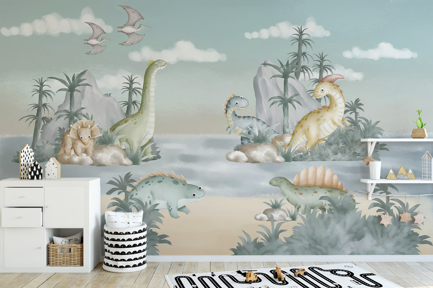 Vibrant mural featuring dinosaurs on colorful rolling hills
