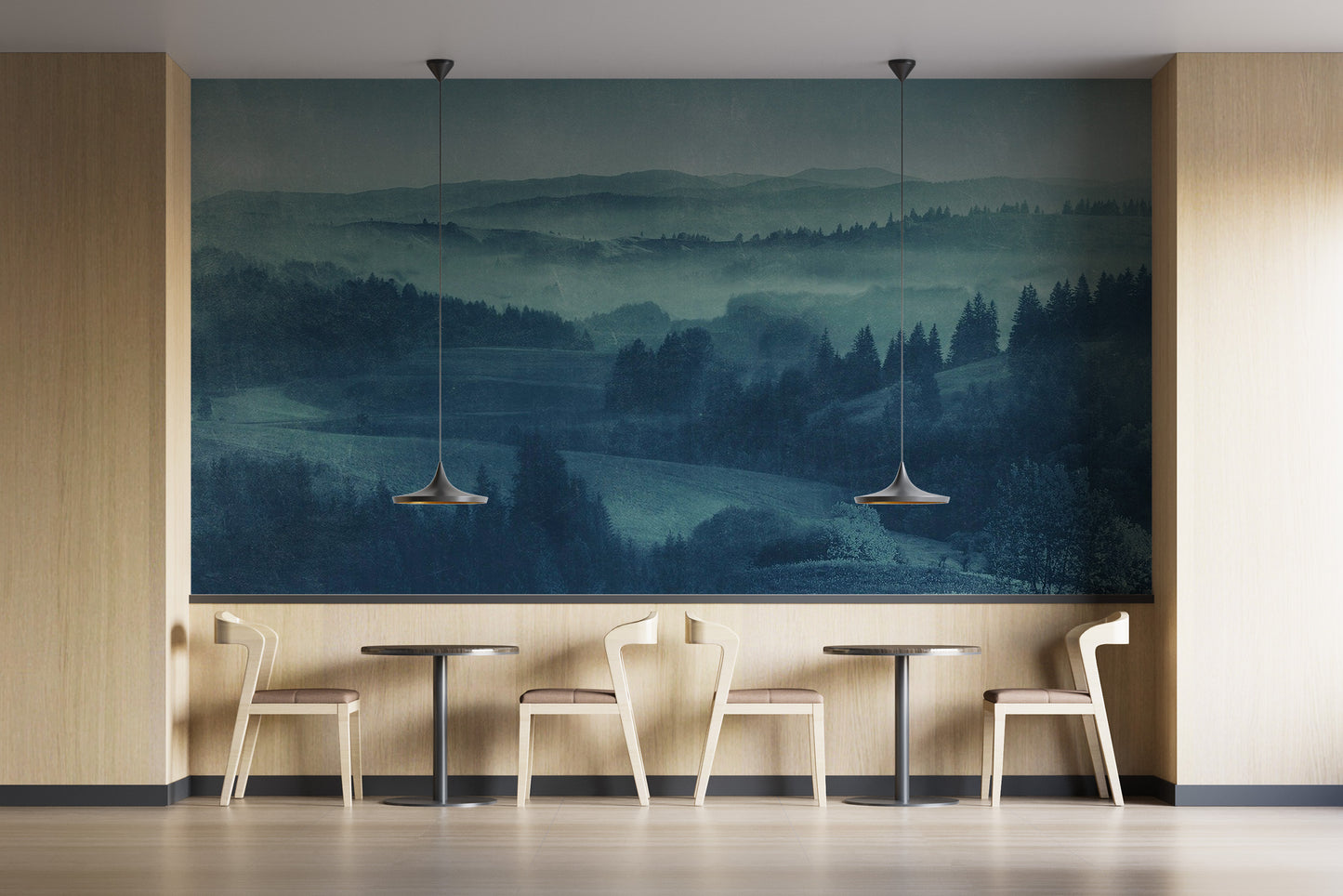 Sophisticated landscape mural in twilight blue tones