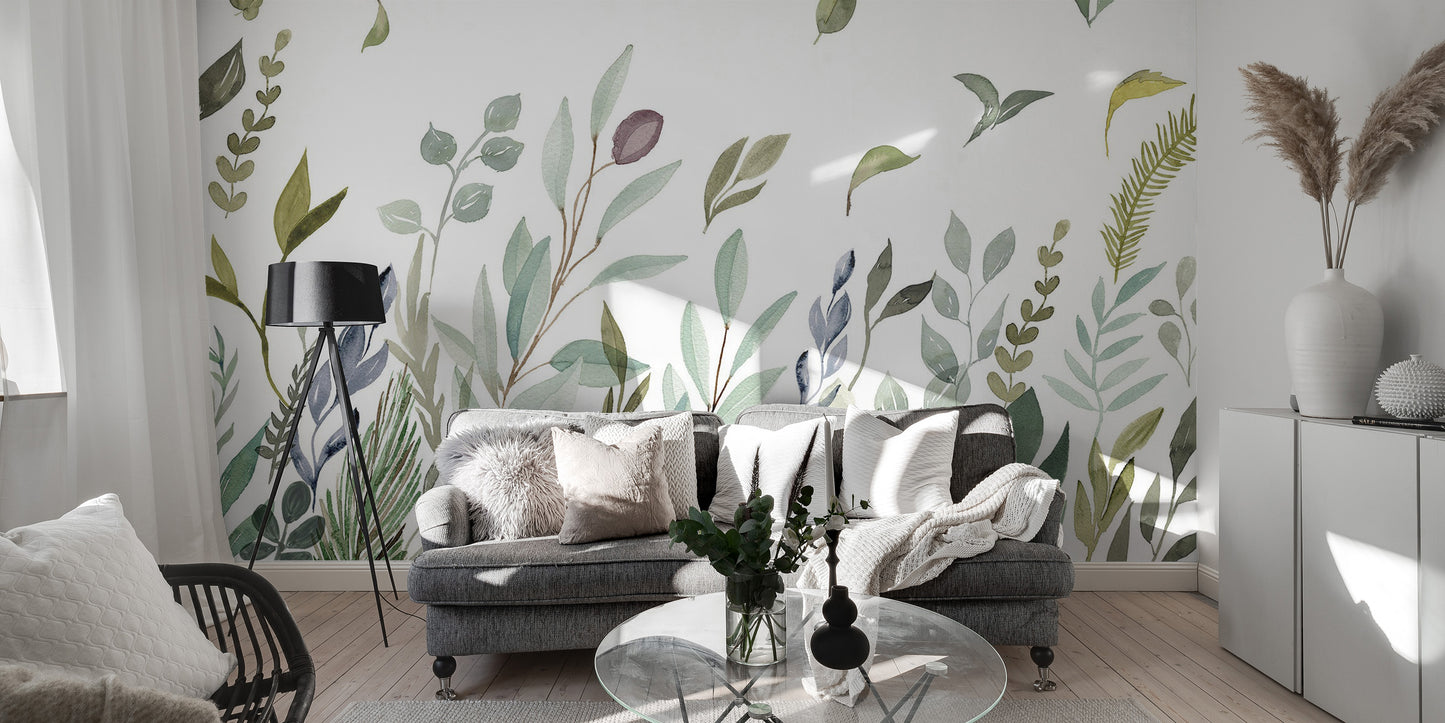 Refreshing wall mural featuring watercolor leaves
