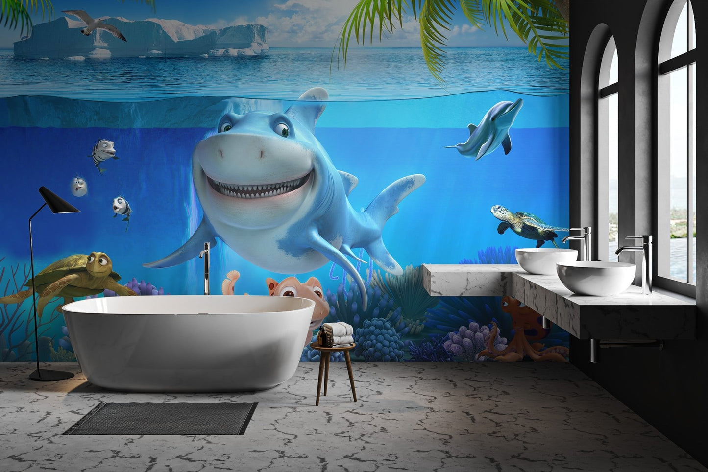 Smiling shark and turtle wall mural featuring bright blue ocean art