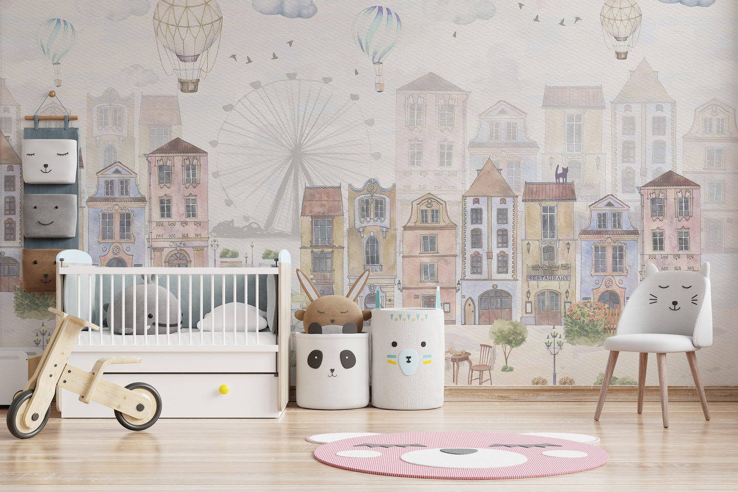 Whimsical kids wallpaper featuring a bustling old city atmosphere