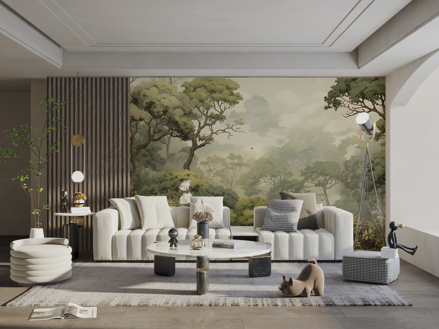 Peaceful misty trees wall covering