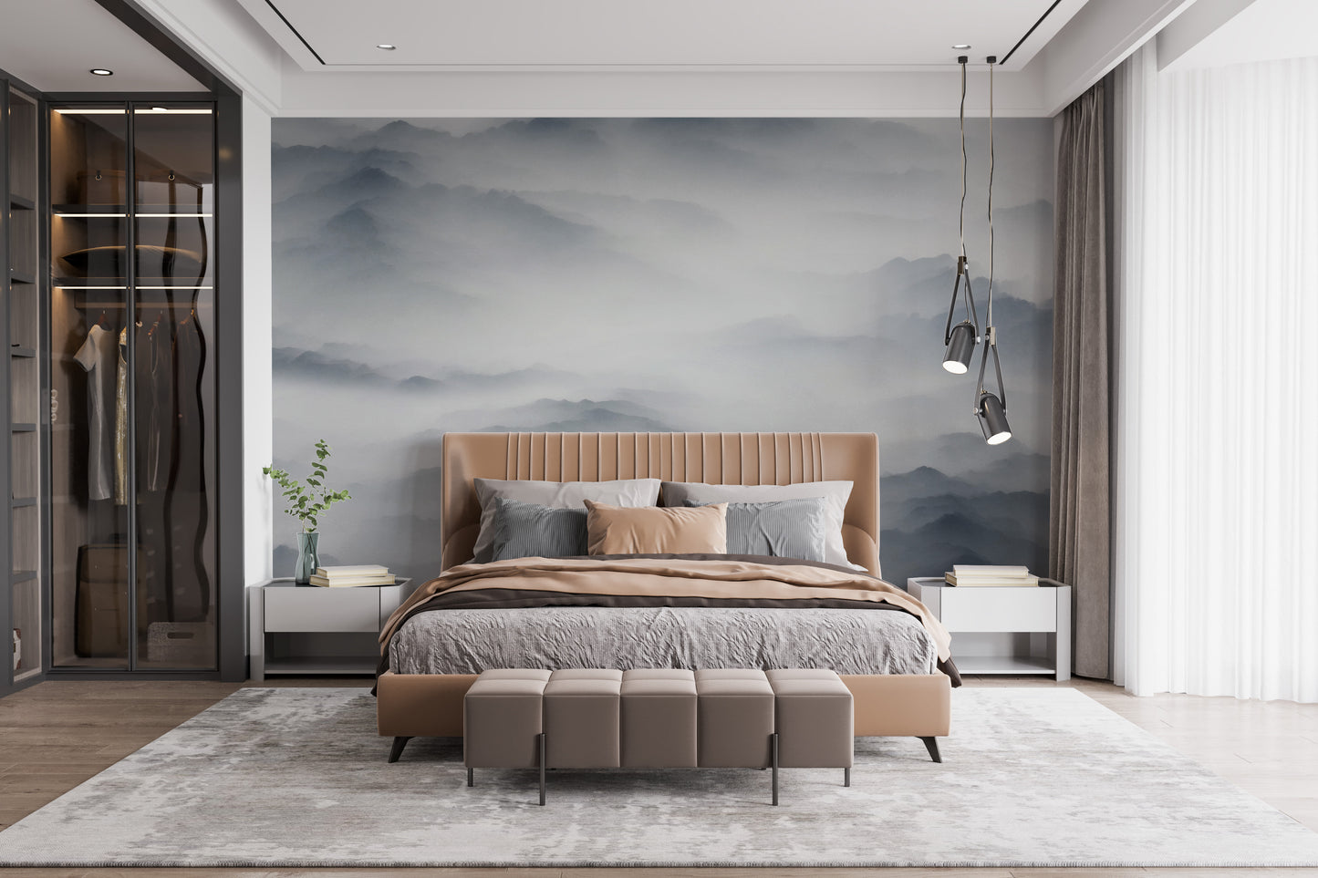 Serene foggy mountain mural for interiors