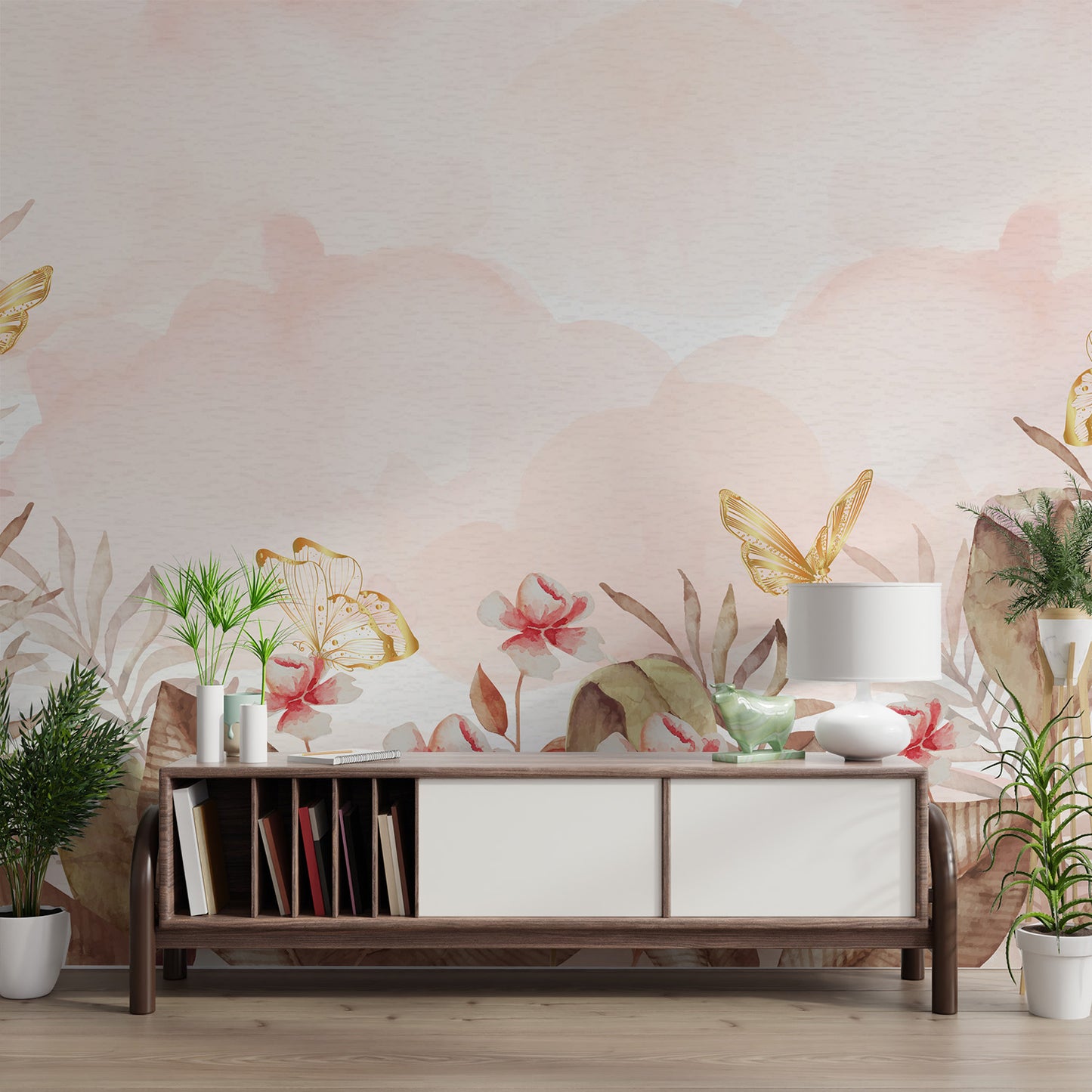 Warm-tone floral wallpaper with butterfly details