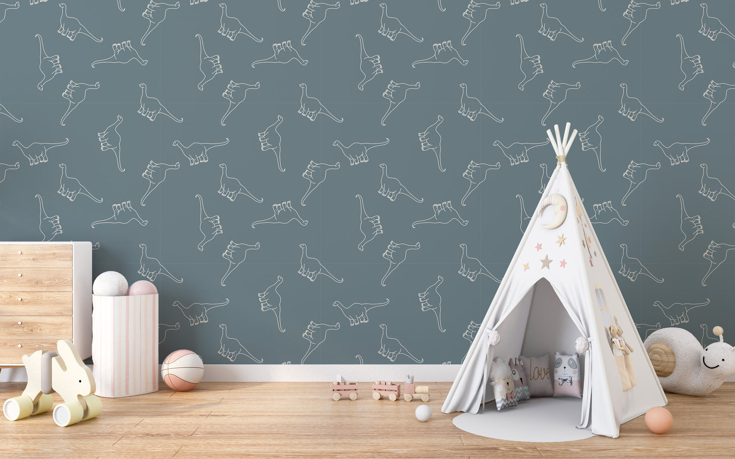 Dinosaur treasures mural in minimal style