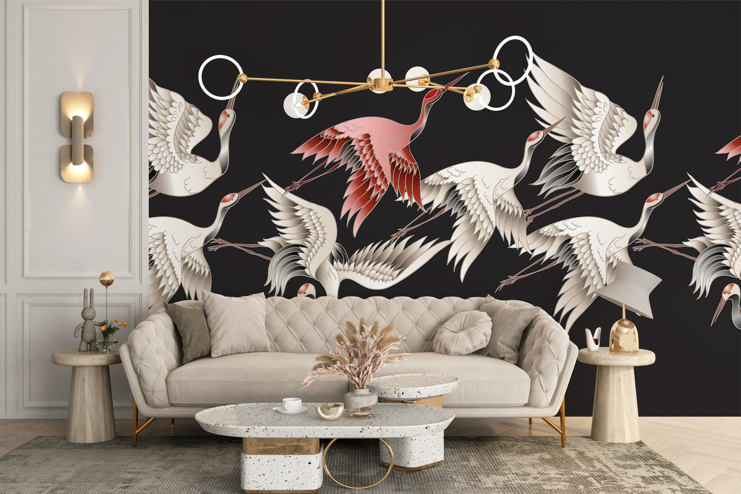 Graceful cranes enhance this mural wallpaper
