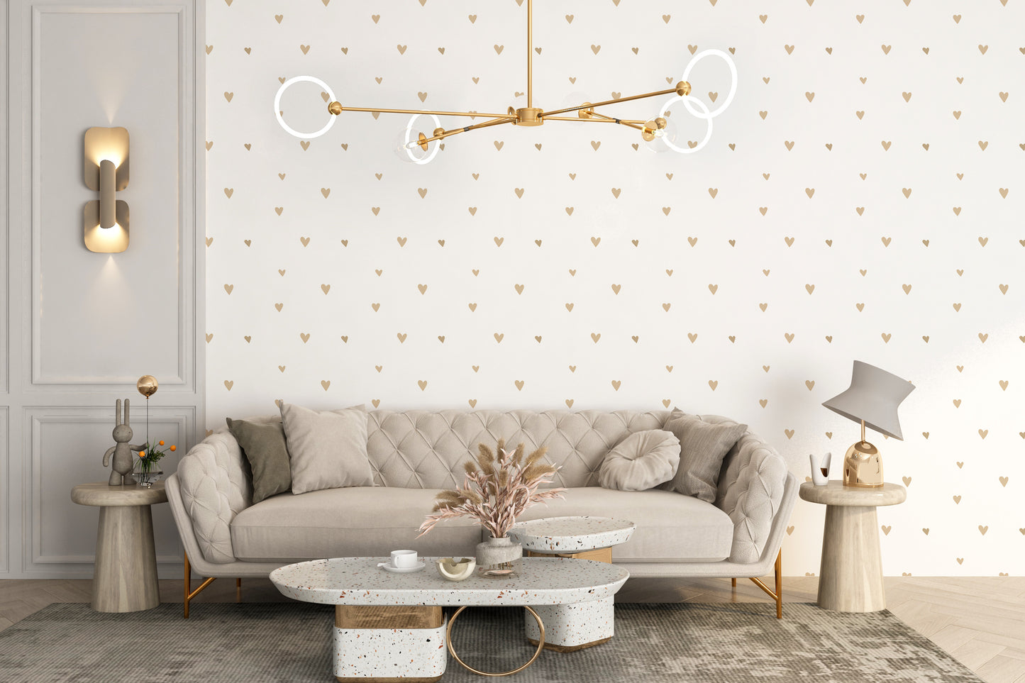 Beige gold hearts wallpaper mural pattern
