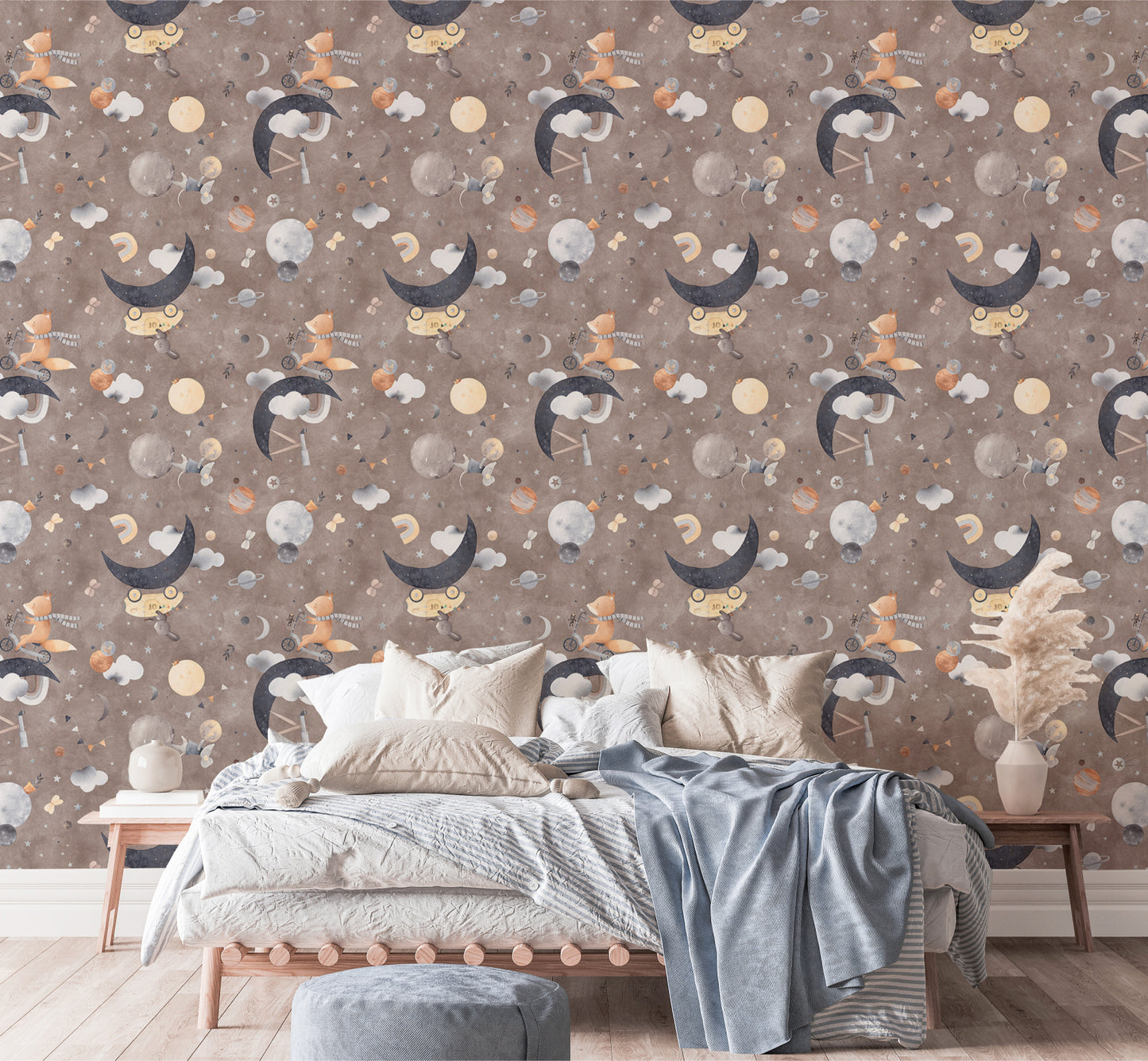 Space-themed wallpaper with fox, mouse, and whimsical clouds