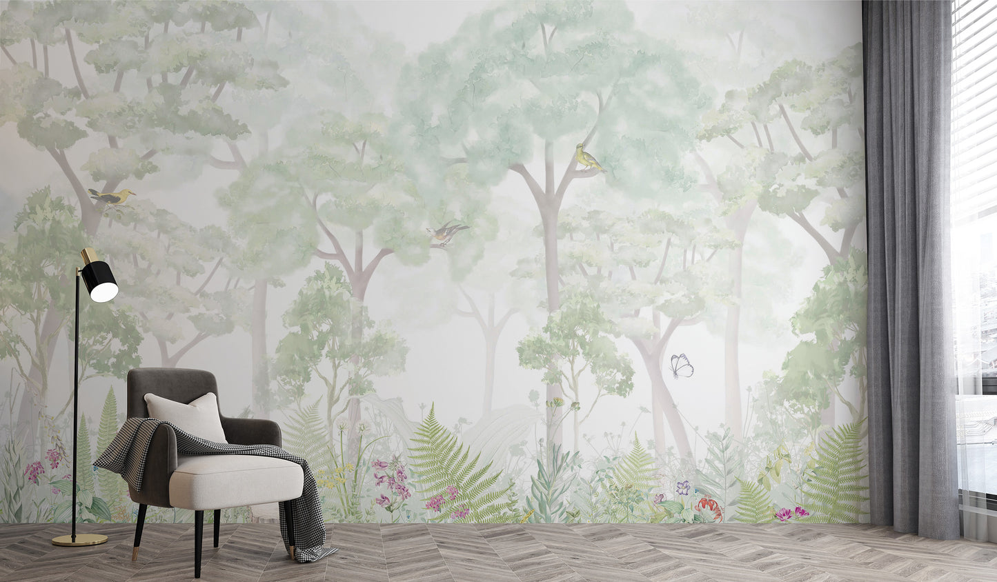 Serene woodland mural for relaxing and tranquil rooms