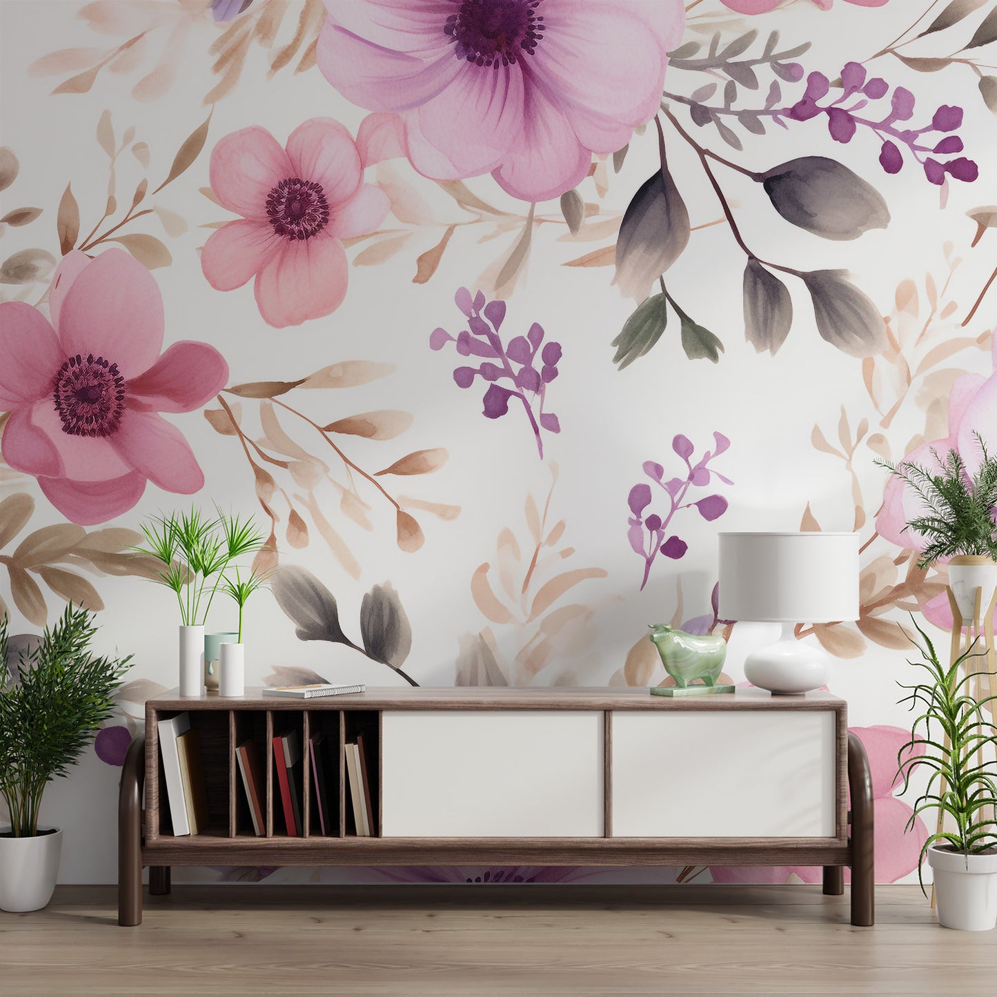 Elegant botanical wall mural with watercolor petals