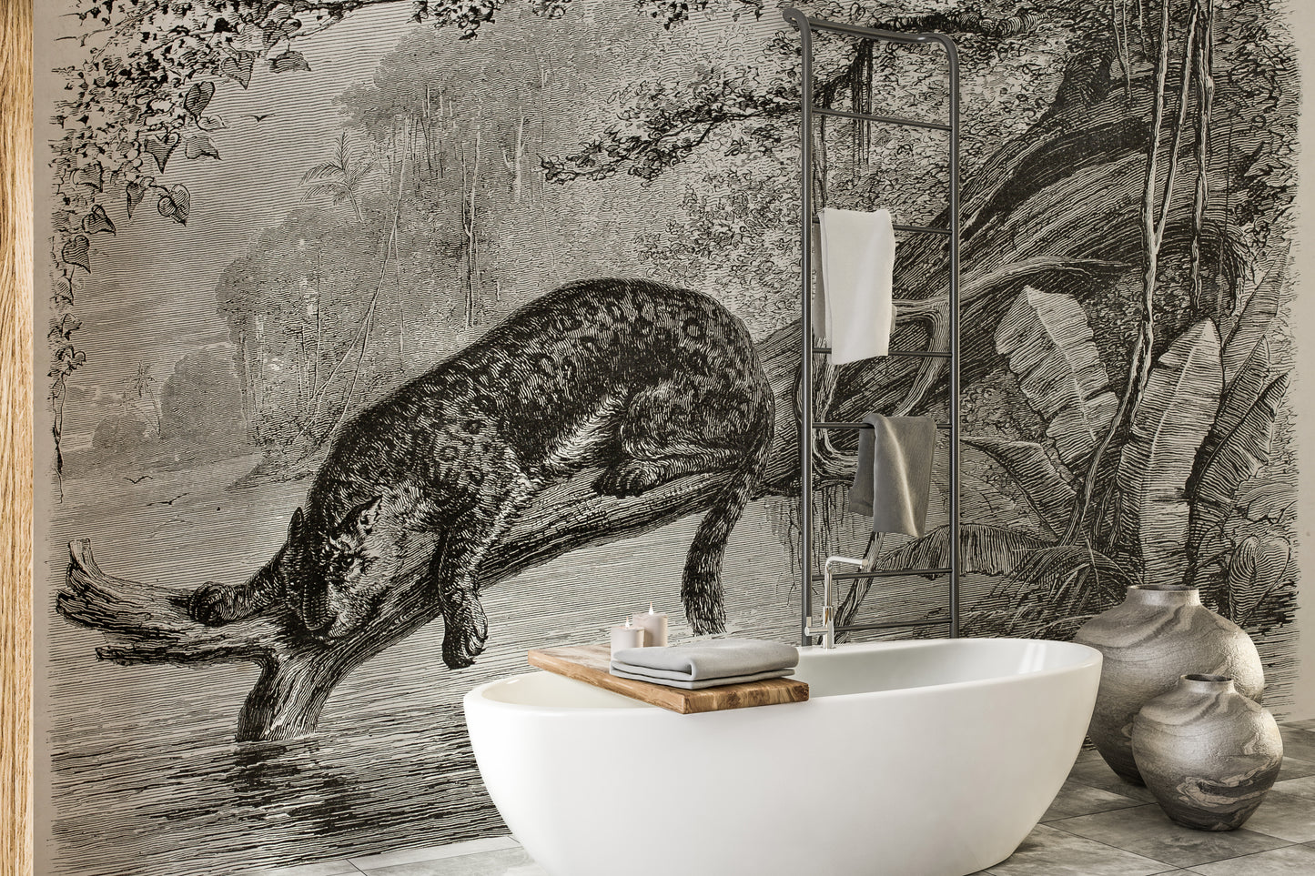 Leopard in monochrome jungle-themed mural.