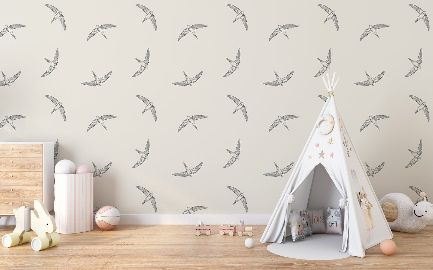 Wallpaper with beige bird mural for walls
