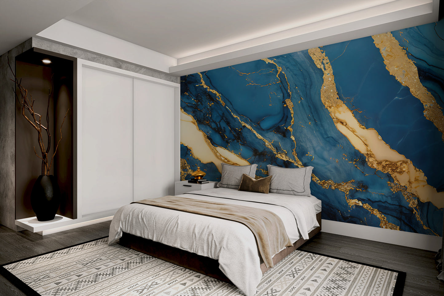 Deep blue marble wallpaper with golden veins