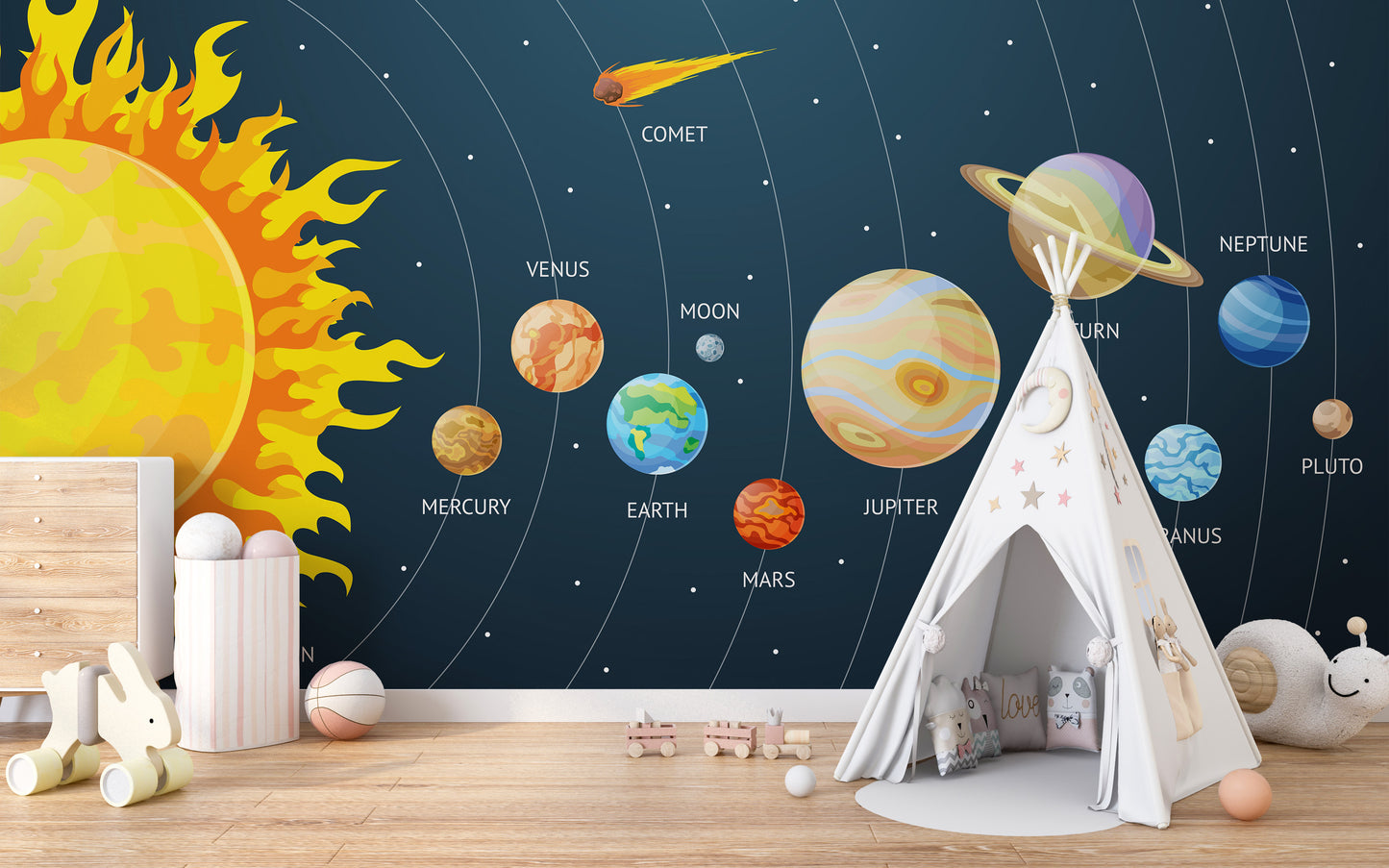 Wallpaper mural showcasing planets and stars