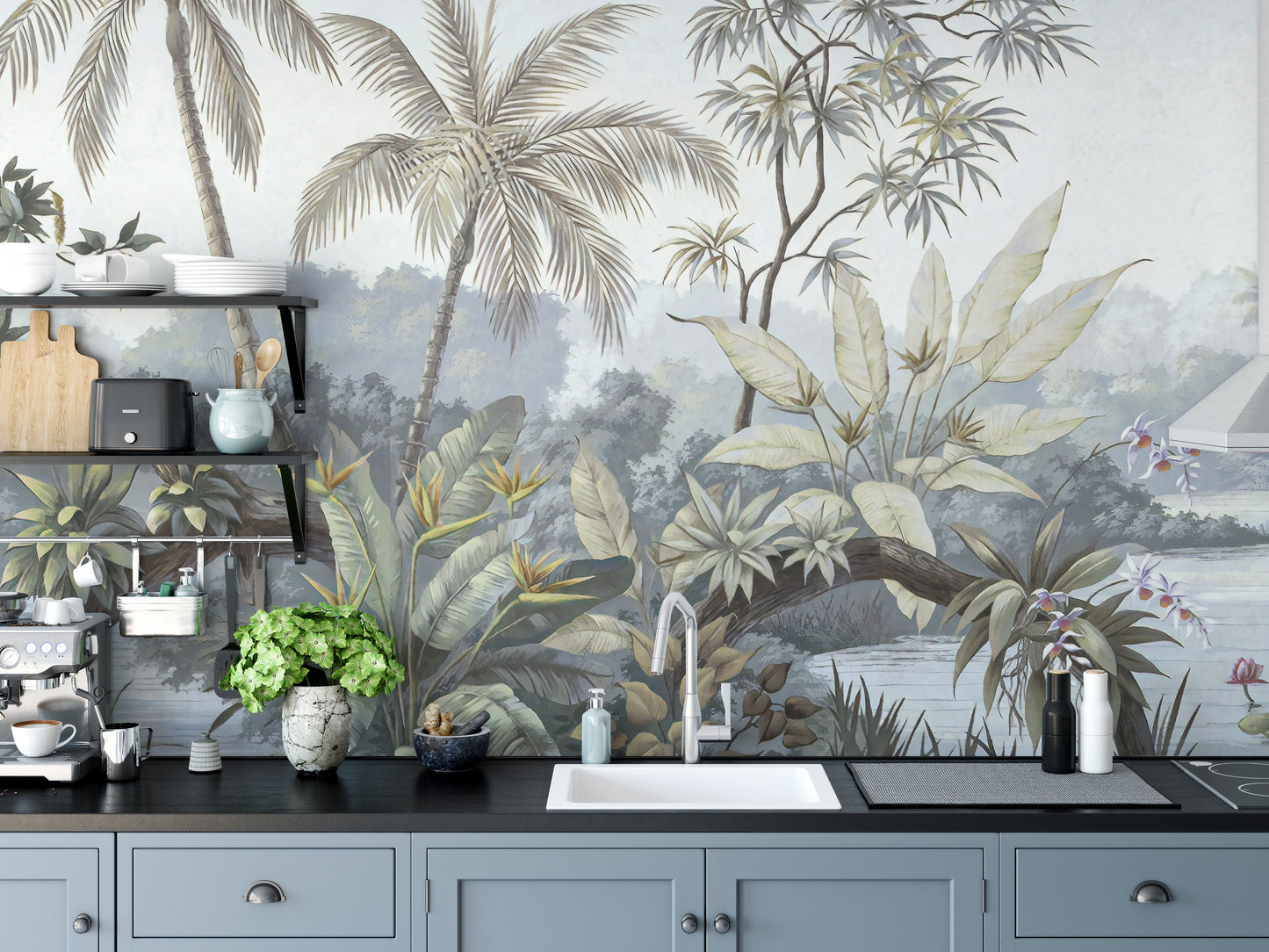 Vibrant forest mural with tropical details.