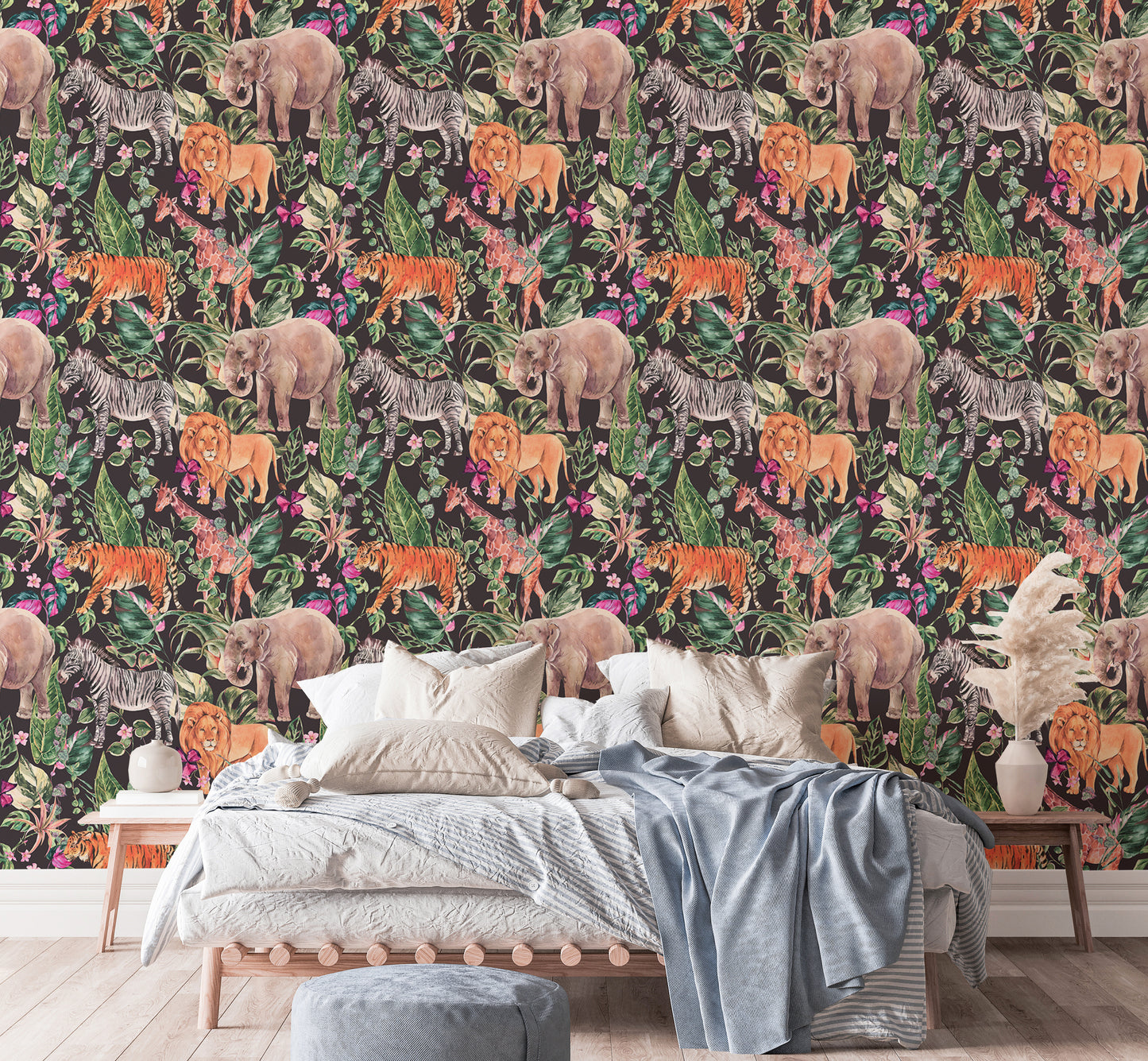 Watercolor wallpaper showcasing safari animals and tropical florals