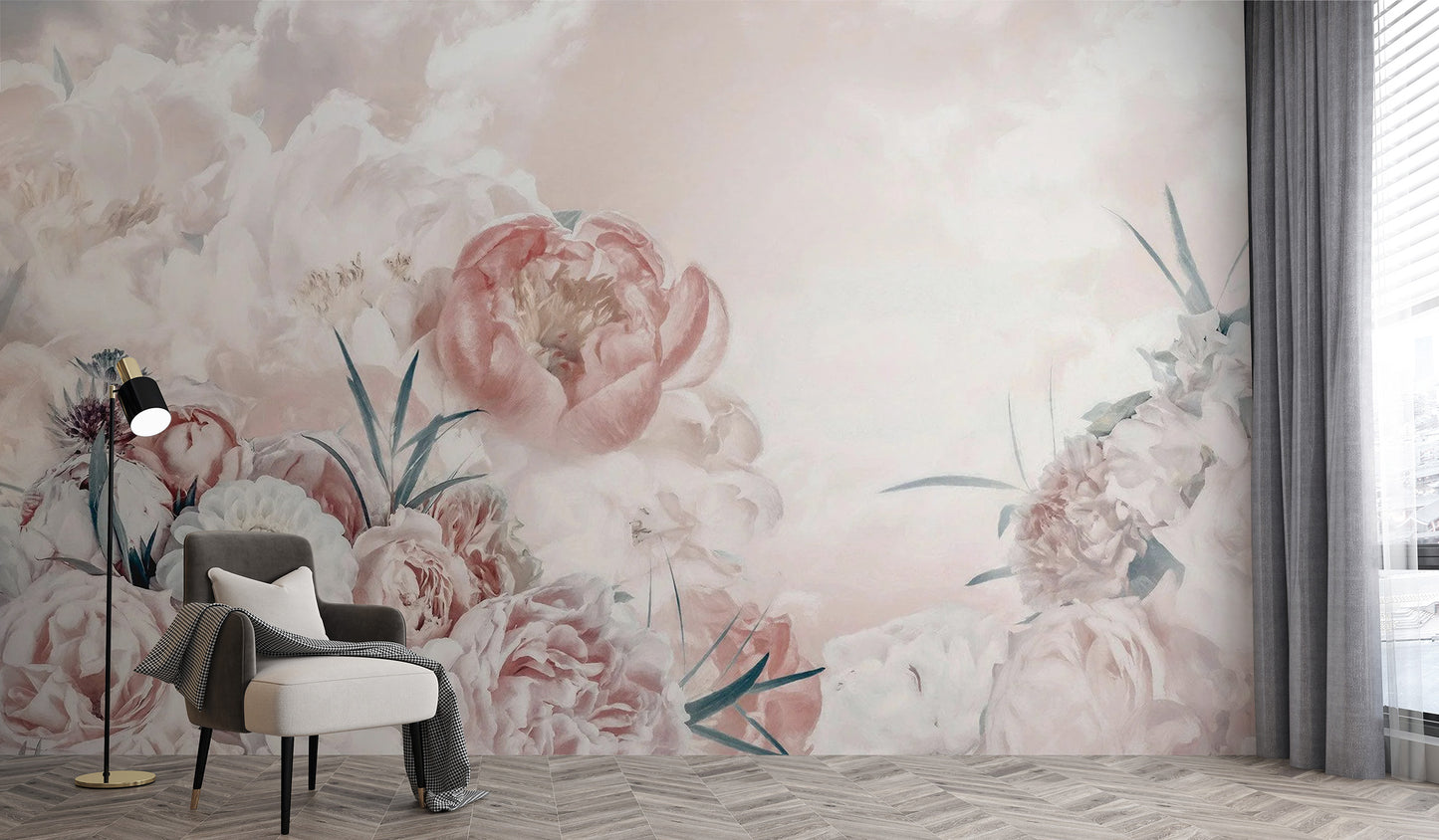 Artistic pink white floral mural for stylish rooms