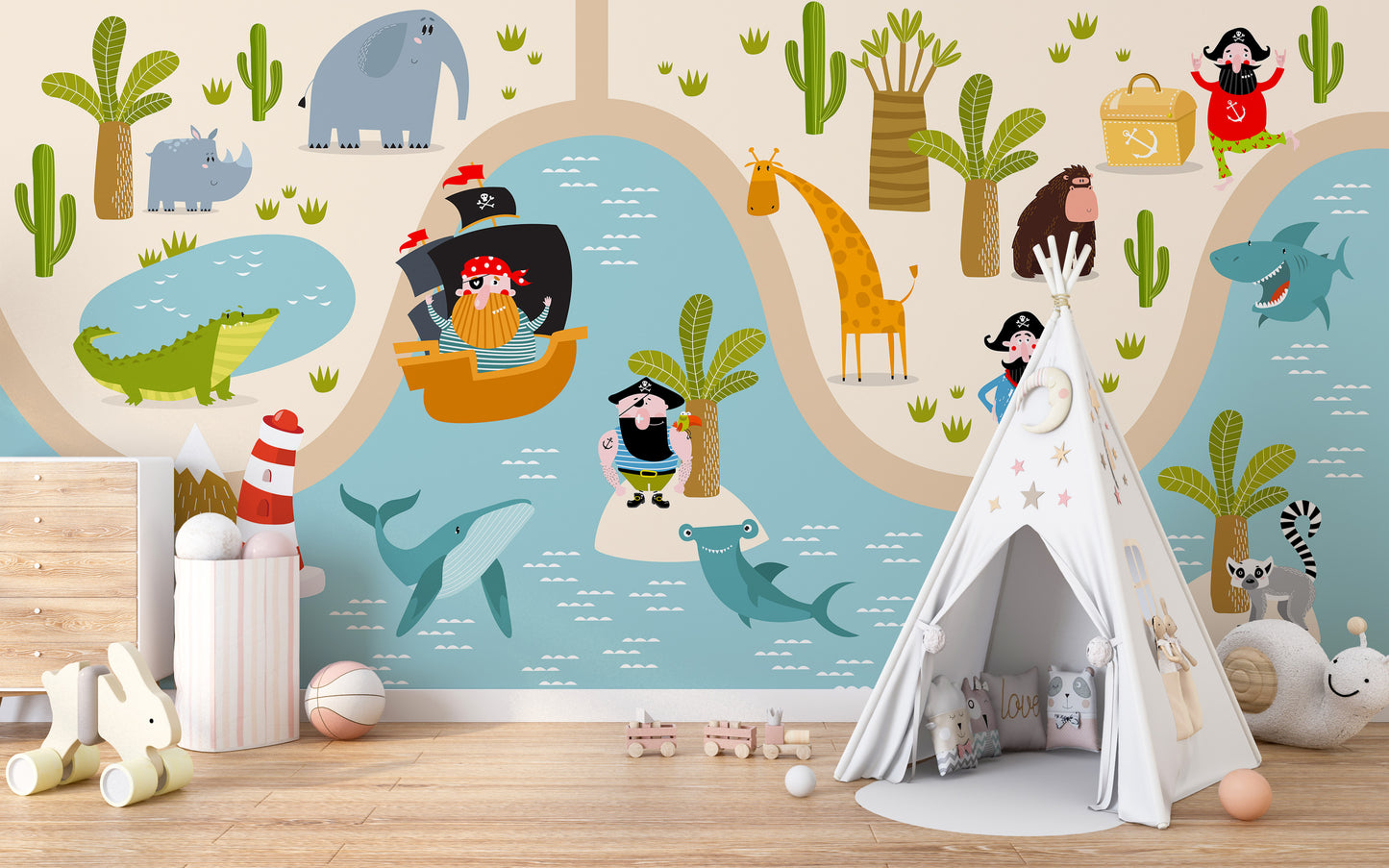 Colorful pirate mural with animals