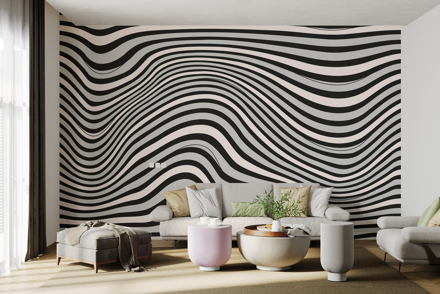 Contemporary monochrome illusion wallpaper with depth