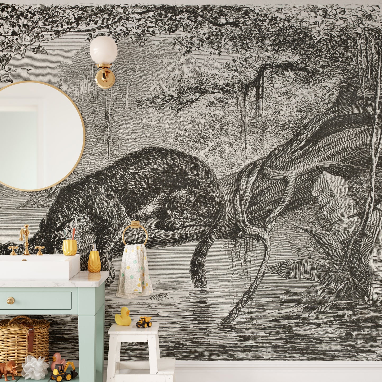 Monochrome leopard mural with foliage detail.