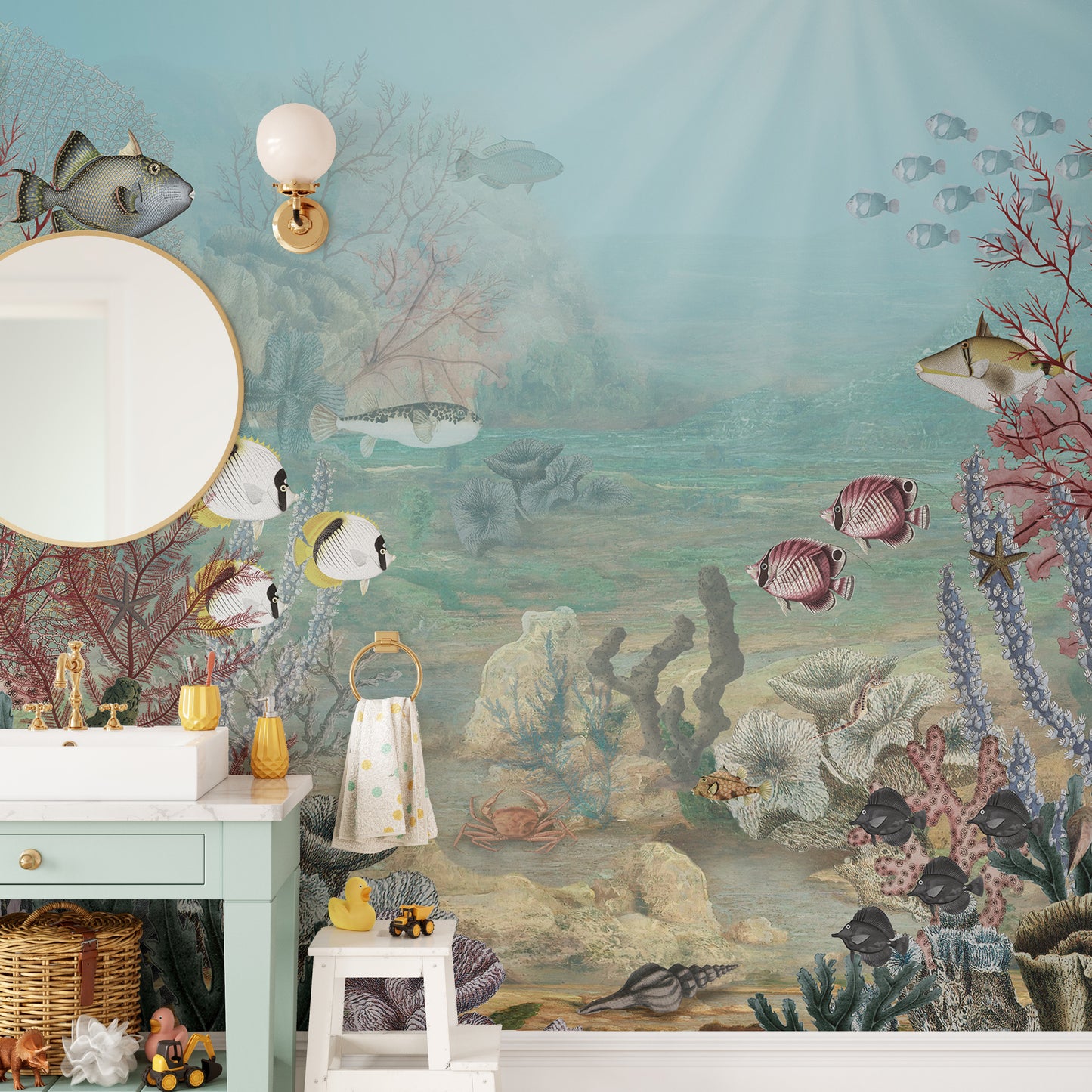 Colorful coral reef design featuring marine animals.
