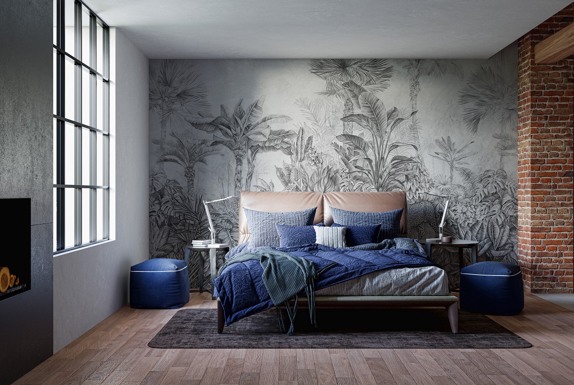 Tranquil grey jungle mural with leopard for modern spaces