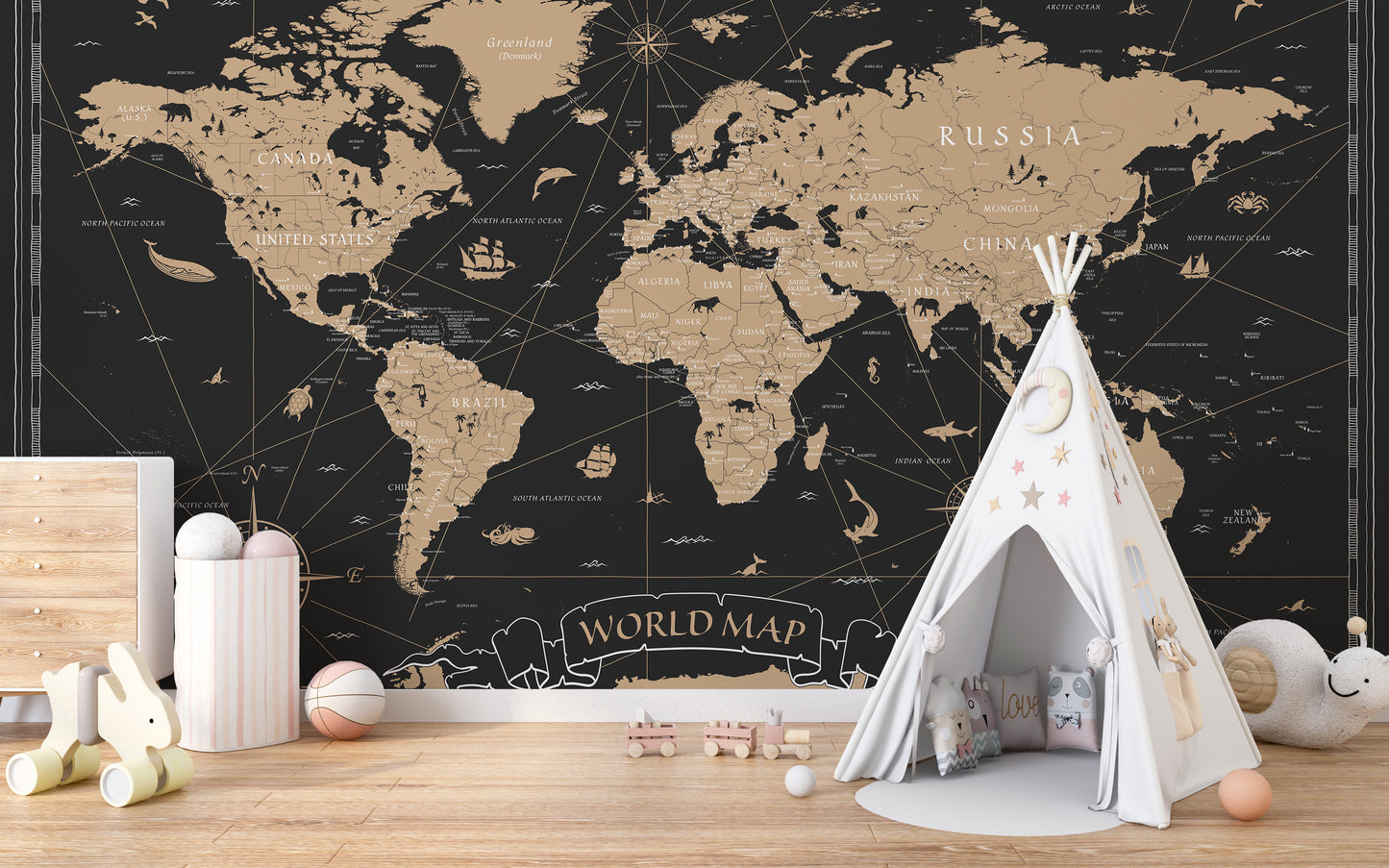 Historical gold-leaf mural showcasing map