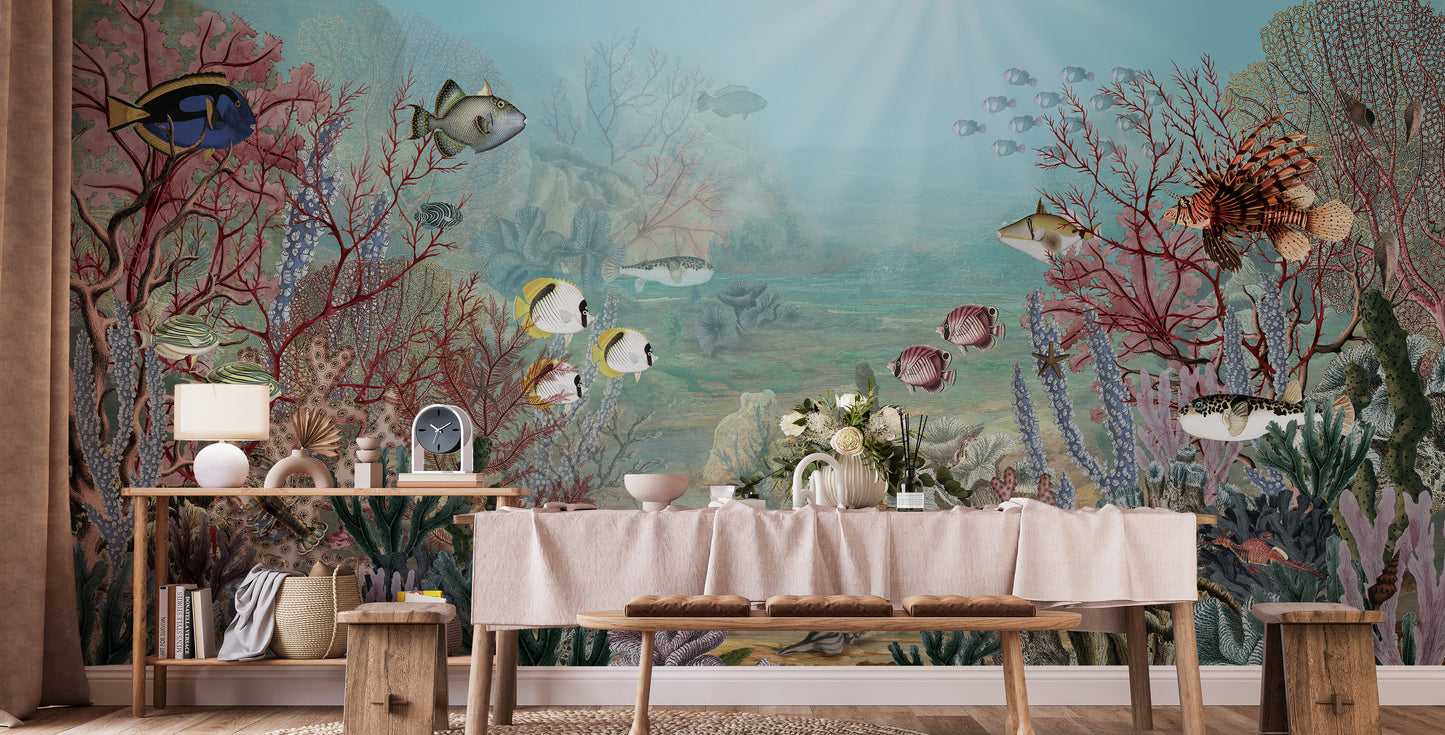 Serene ocean scene with coral and aquatic creatures.