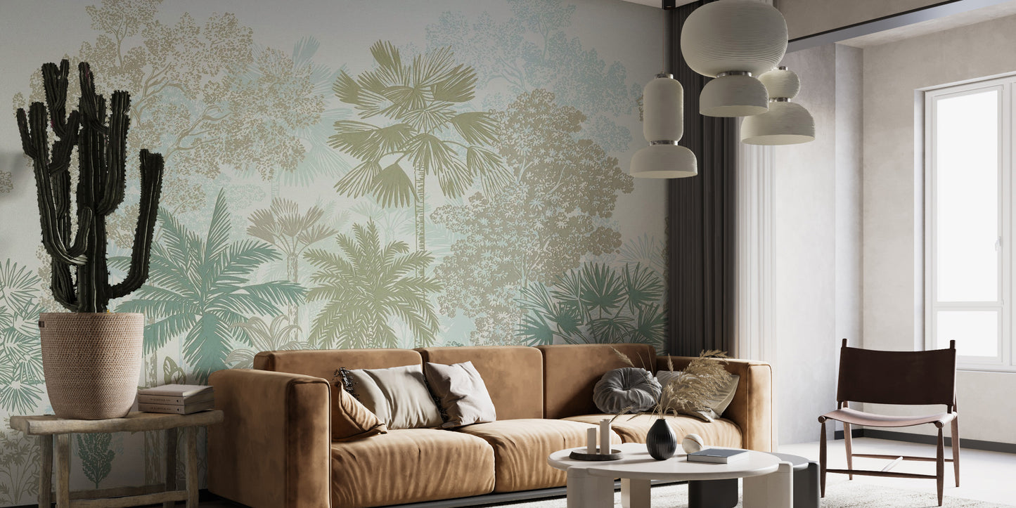 Artistic soft botanical jungle mural for refined walls