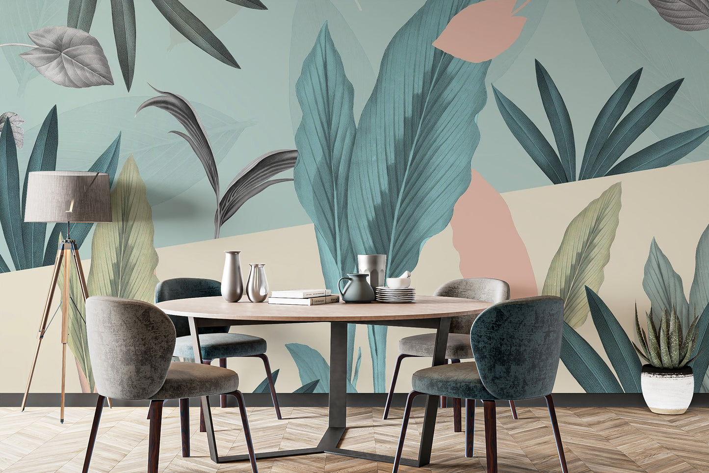 Artistic green tropical leaves mural for modern interiors