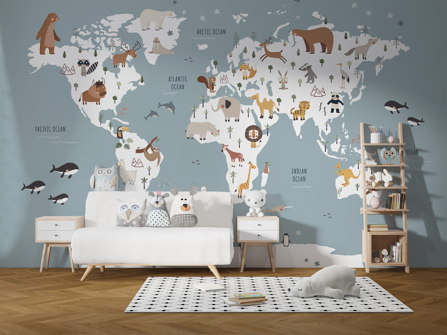 Vibrant wall mural with animals and continents in blue tones