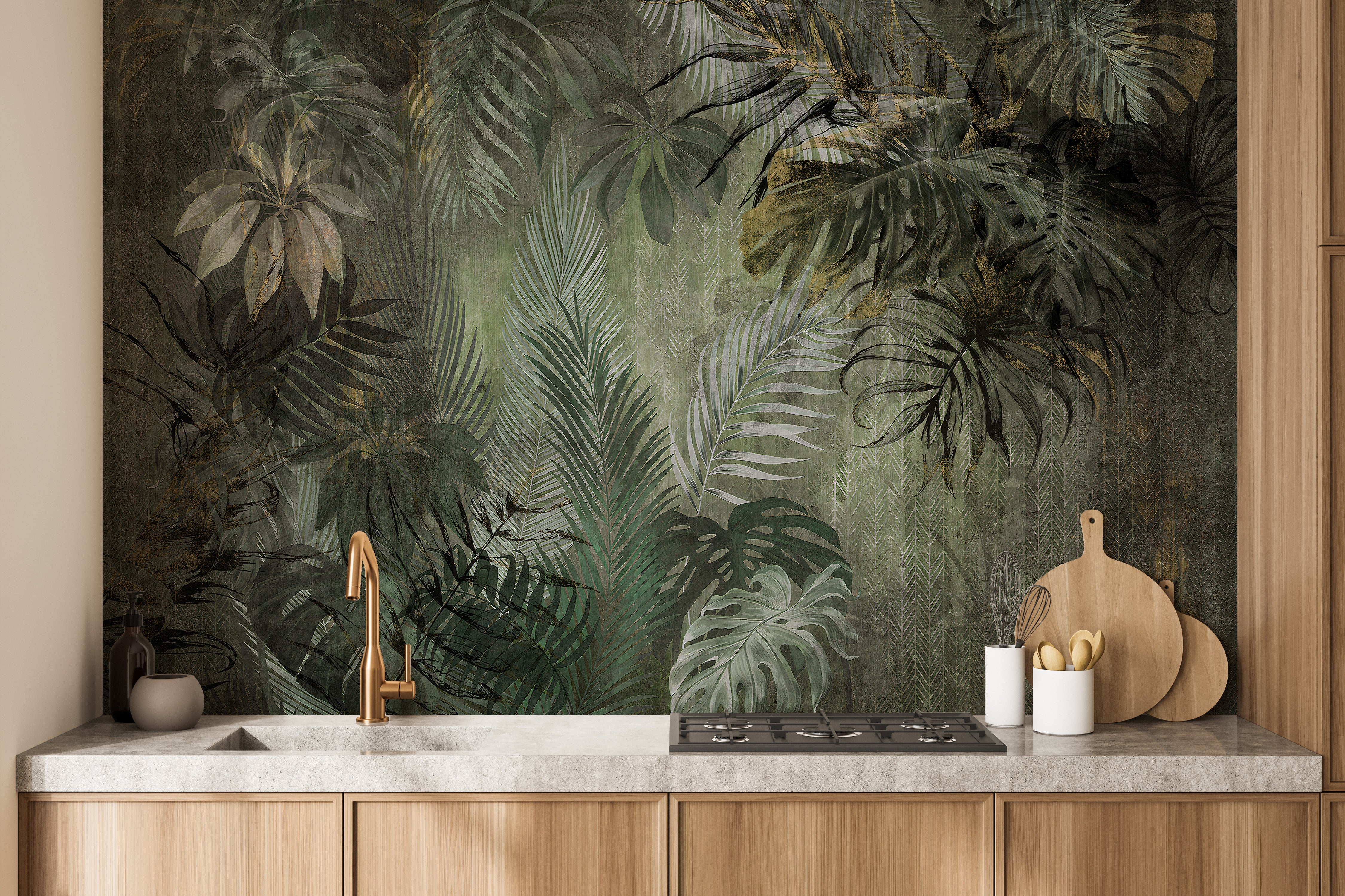 Tropical-themed peel and stick wall covering