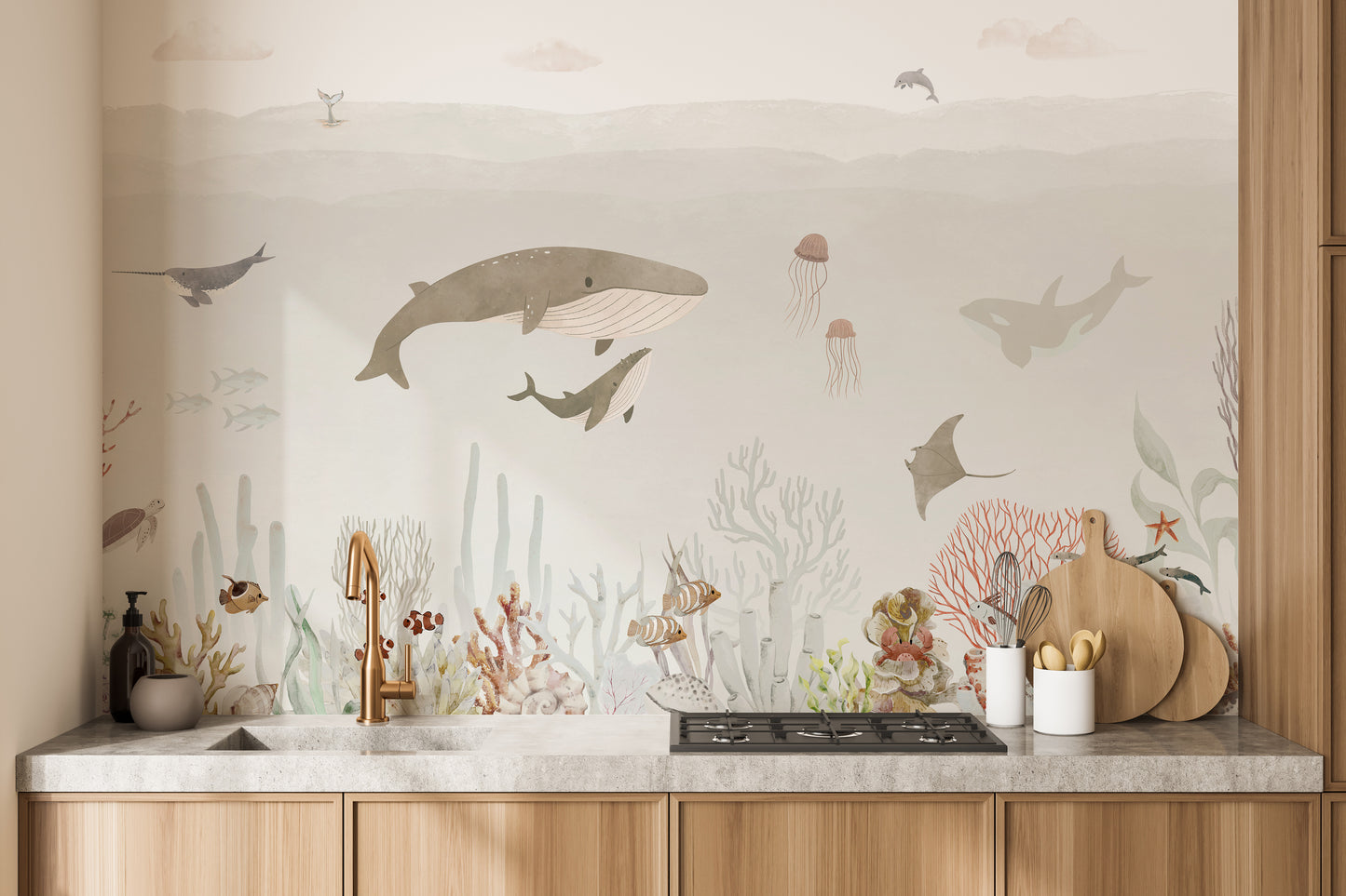 Brown wall mural capturing the tranquility of the ocean