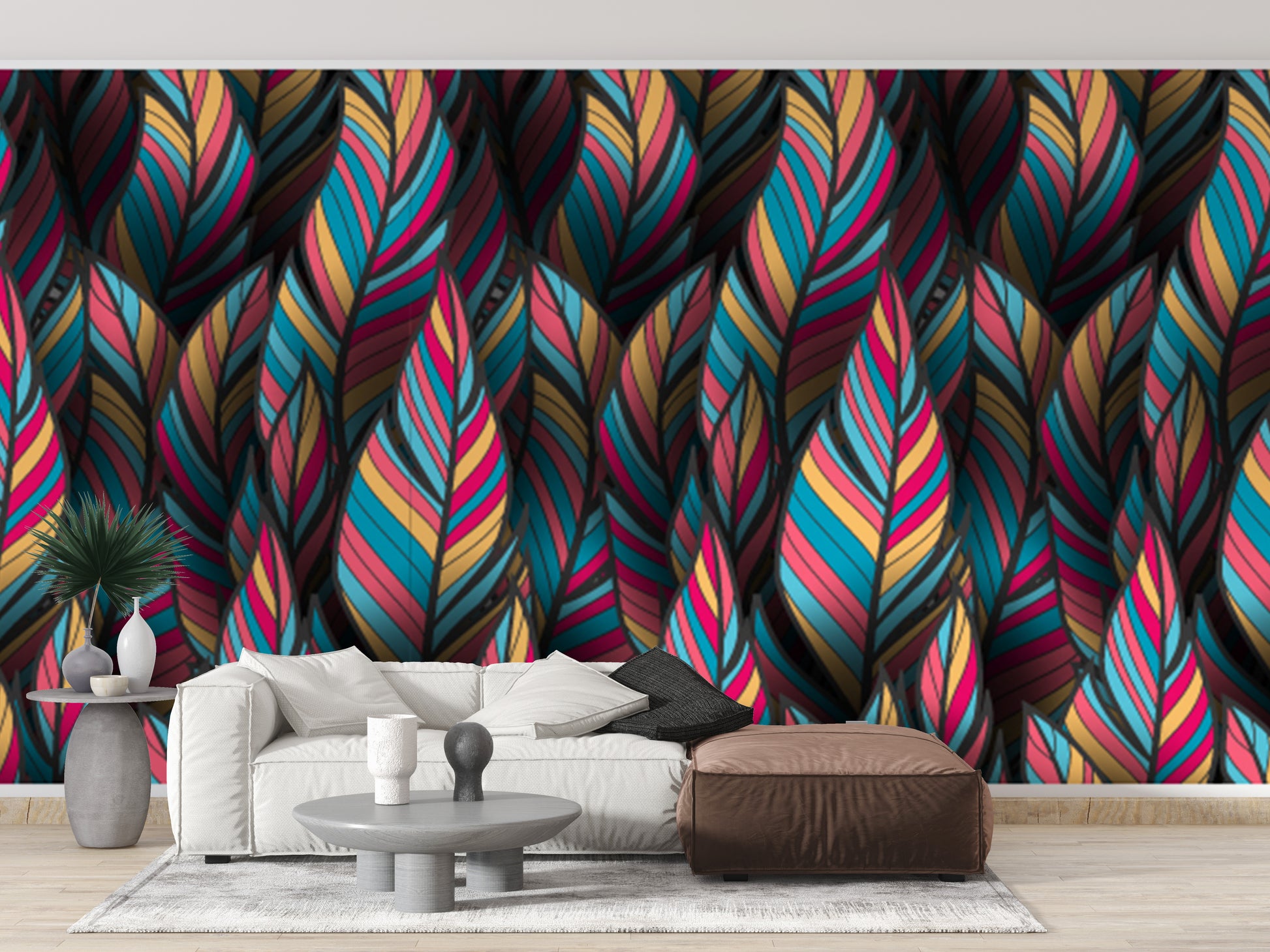Bold tropical plumage mural wallcovering