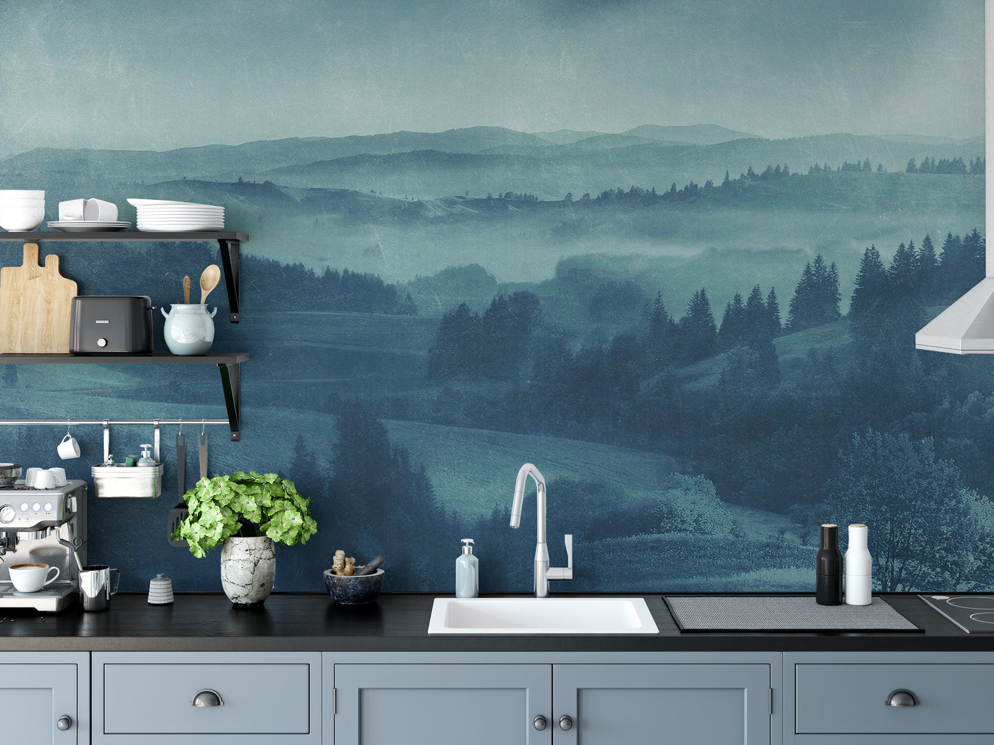Relaxing blue landscape mural for serene wall decor