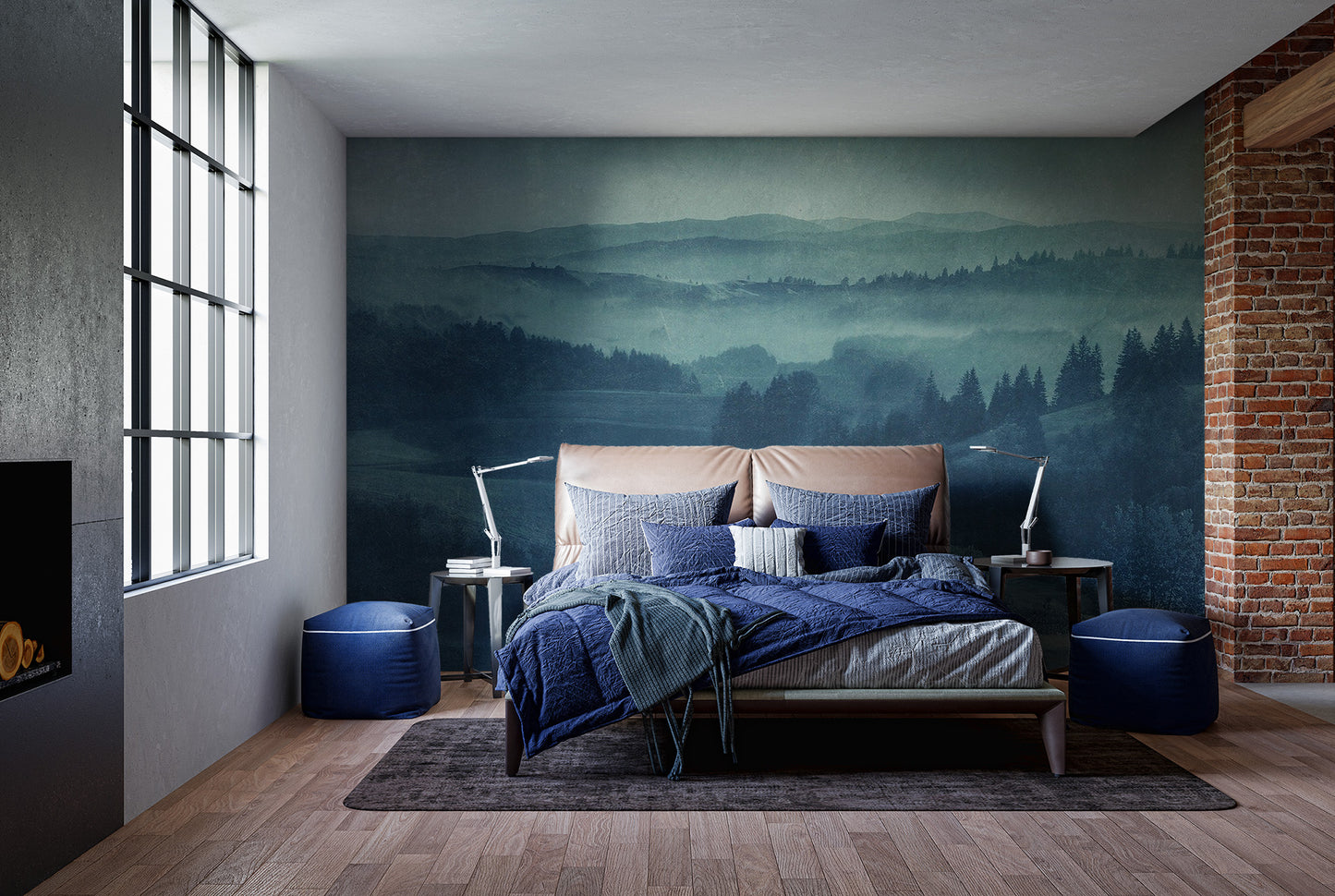 Twilight blue mural featuring a tranquil landscape scene