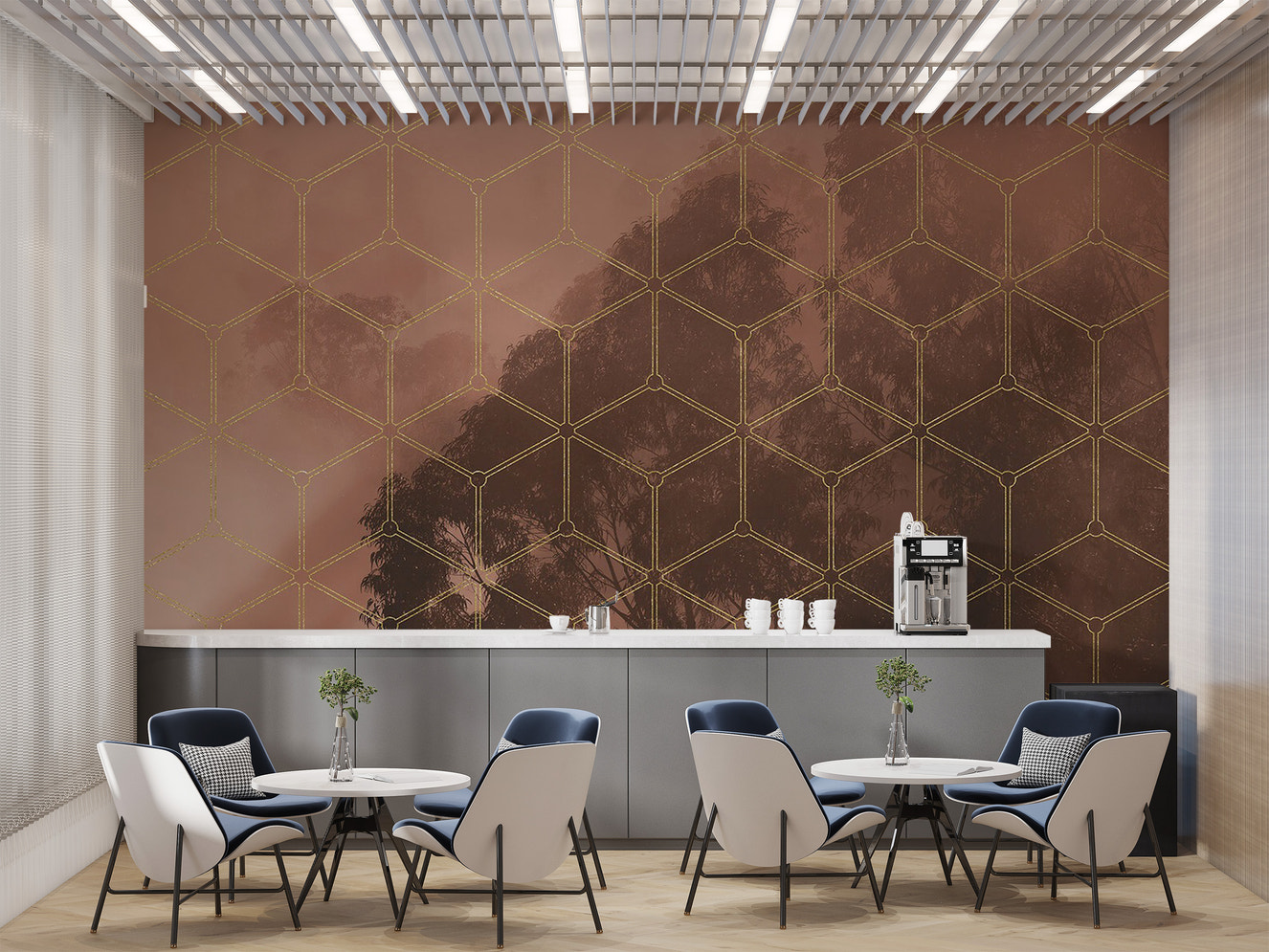 Luxurious golden geometric forest wallpaper for decor
