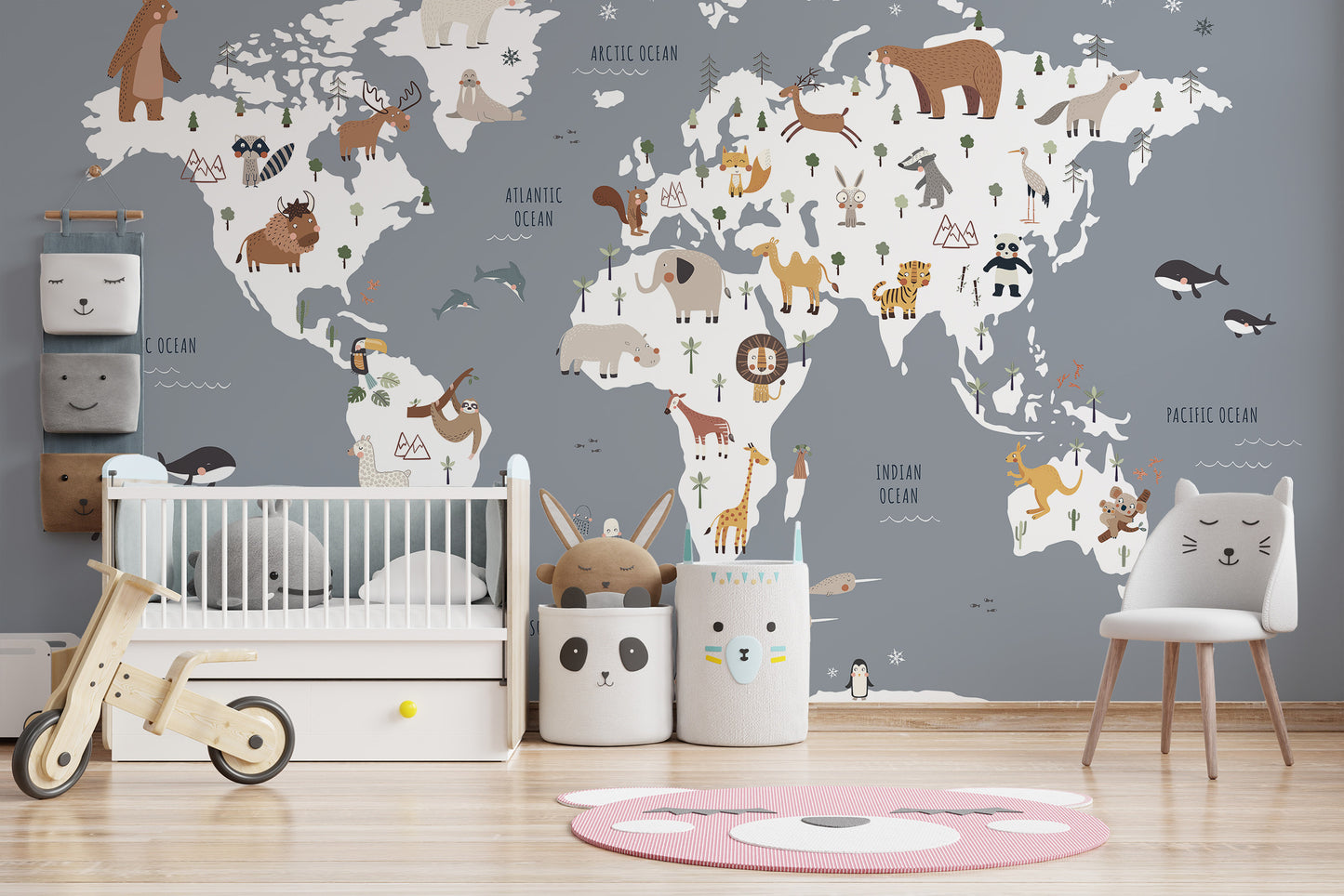Educational kids' wallpaper with a colorful world map