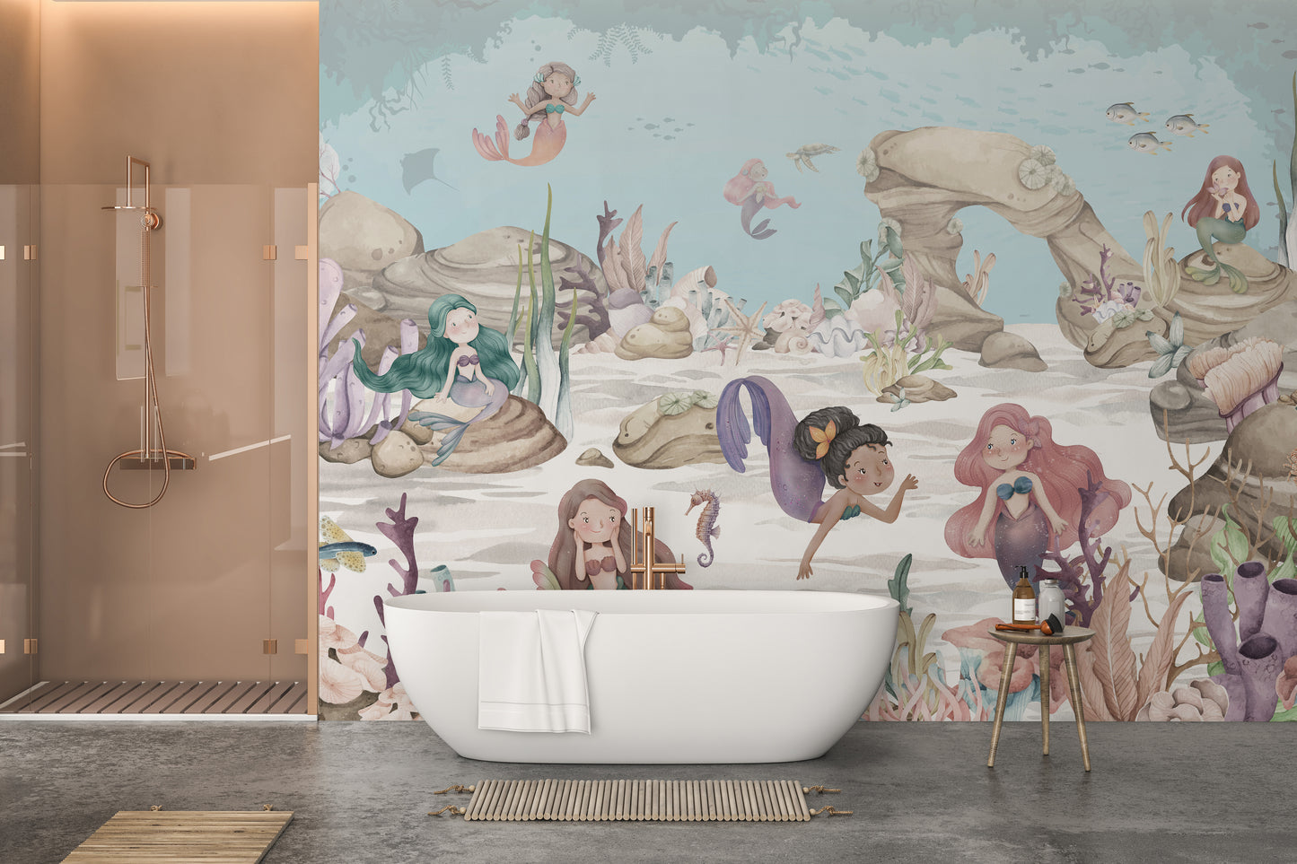Mermaid-themed wall mural with vibrant underwater designs