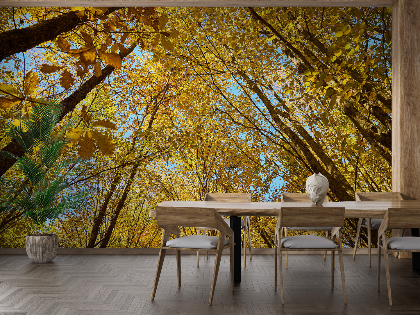 Fall foliage tree canopy mural with warm golden hues