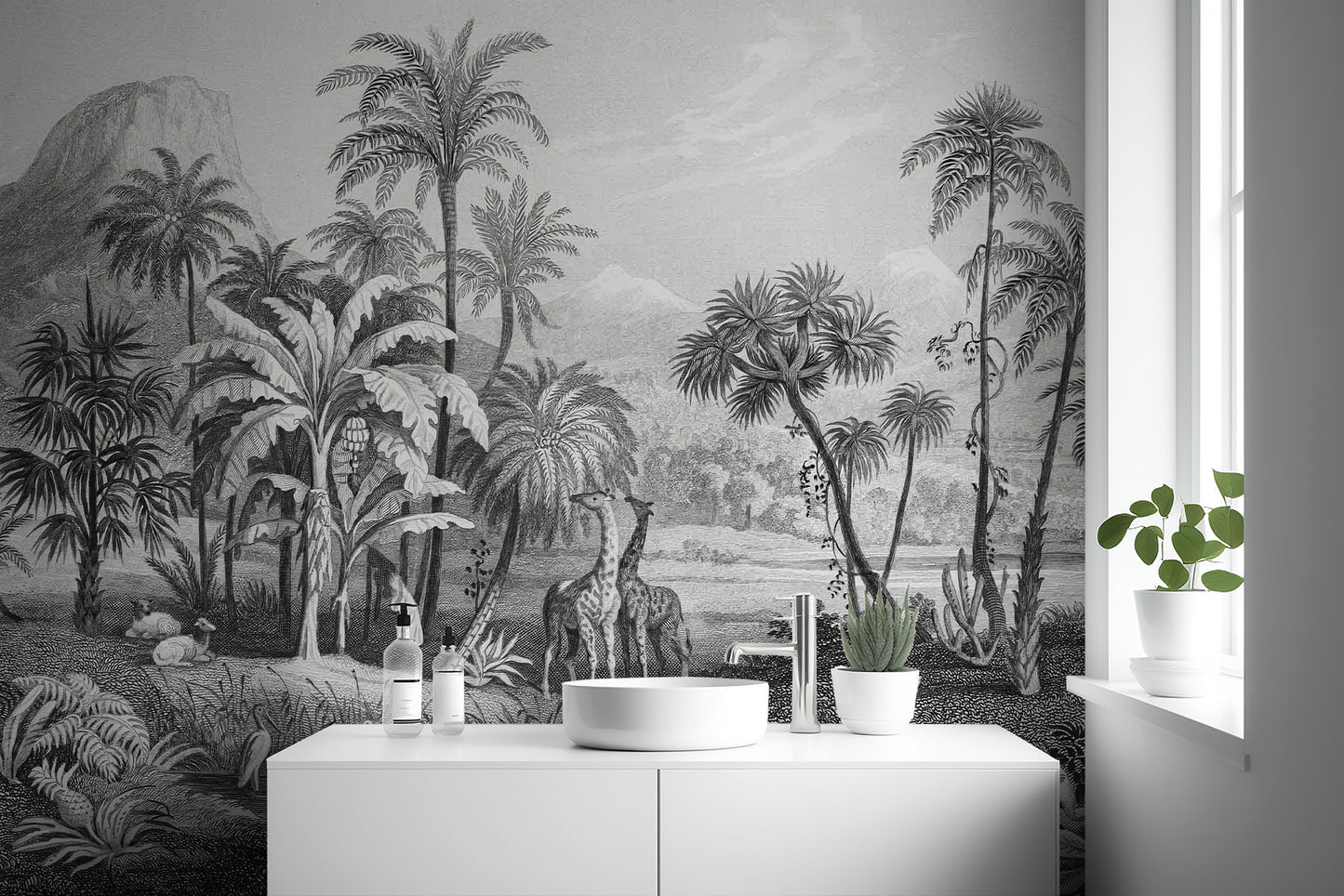 Minimalist monochrome wallpaper showcasing tropical jungle plants