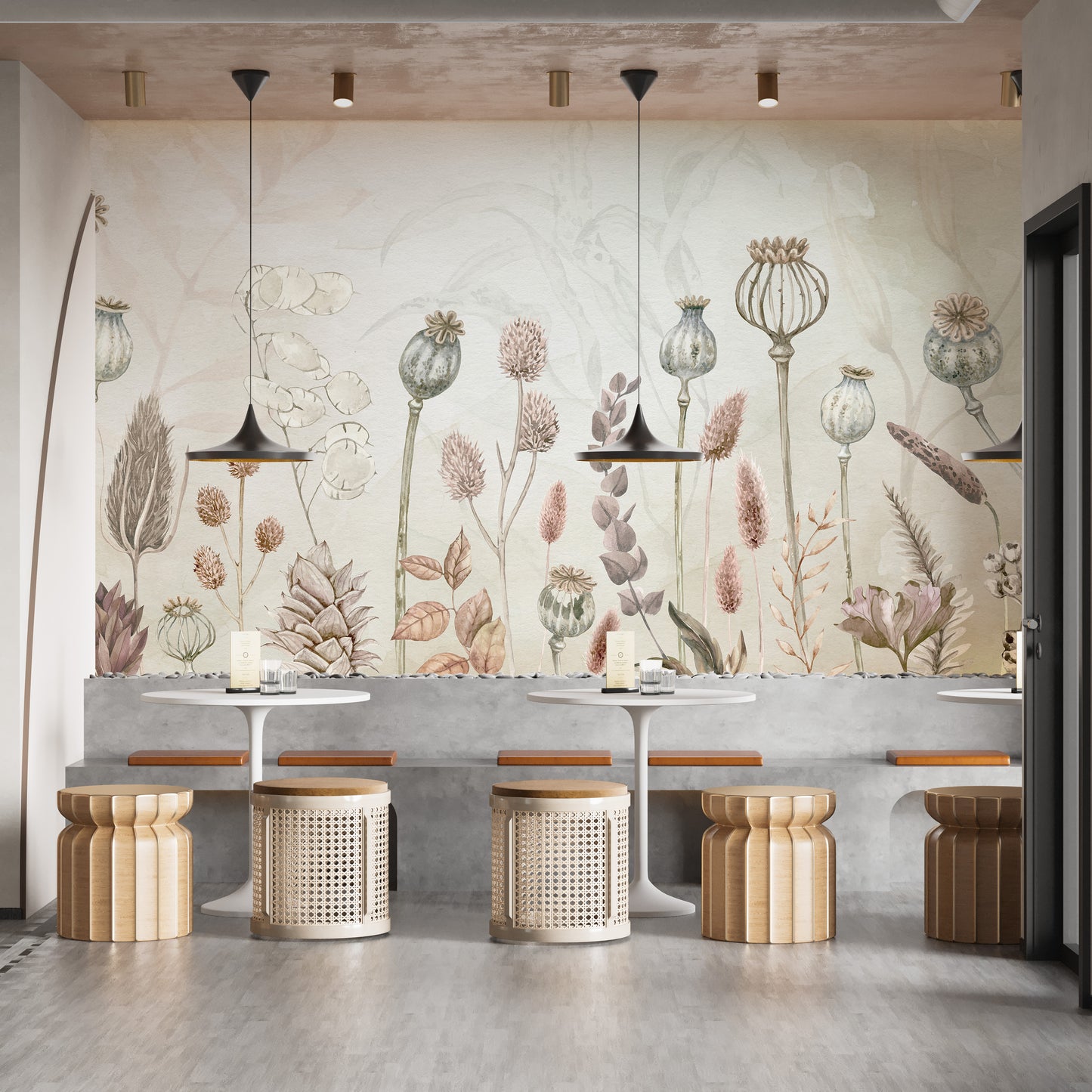 Watercolor wall mural showcasing delicate autumnal florals