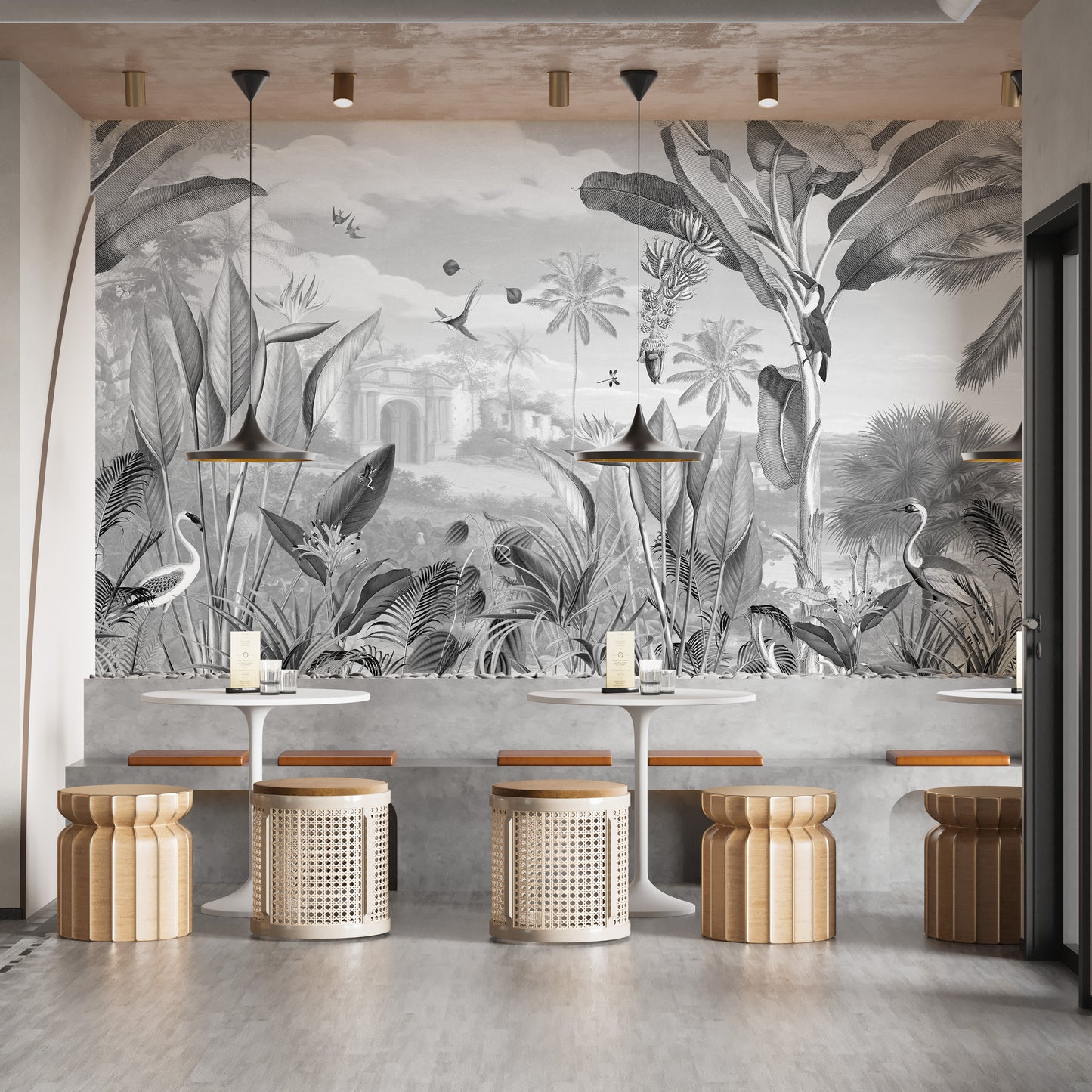 Decorative mural showcasing intricate black-and-white flora