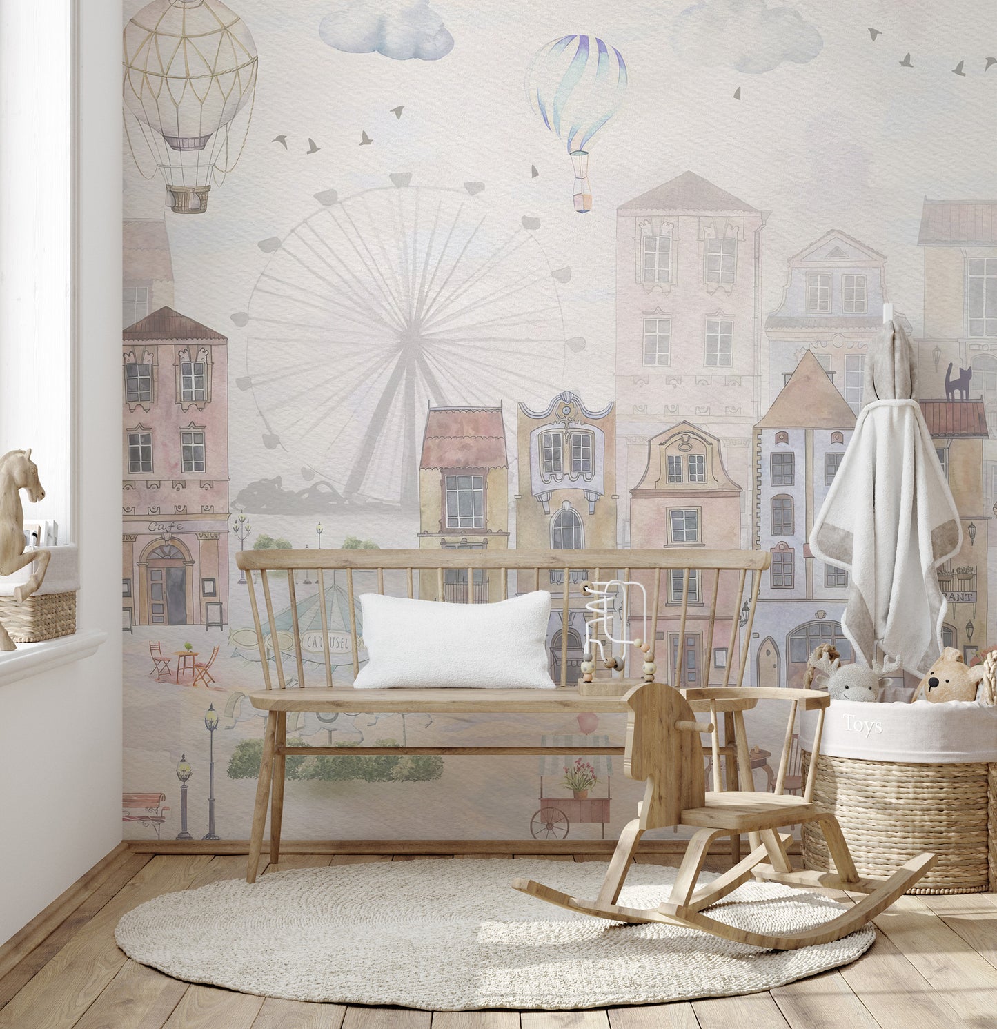 Vintage cityscape mural perfect for a charming kids' room decor