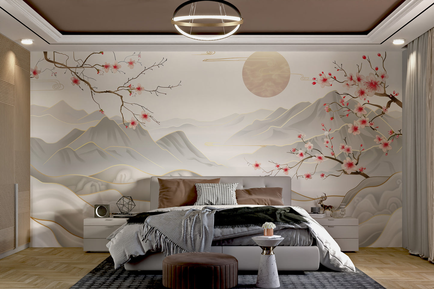 Elegant Asian-inspired wallpaper with misty mountains