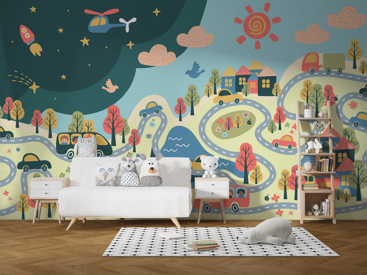 Whimsical city mural scene in detail