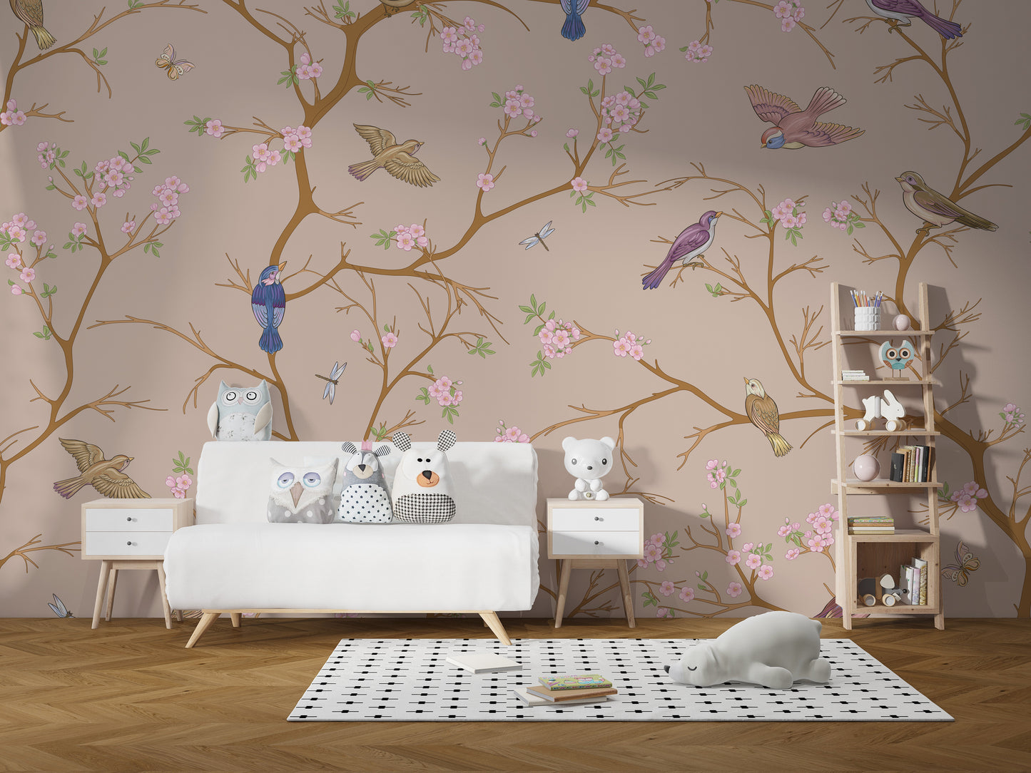 Serene beige floral bird mural for peaceful wall decor