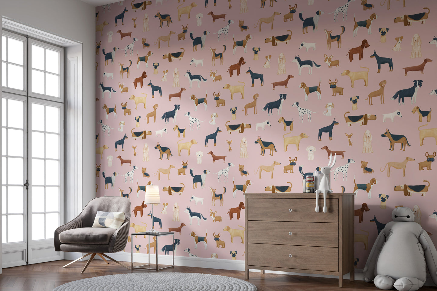 Dog lovers' pink wallpaper with playful breed patterns