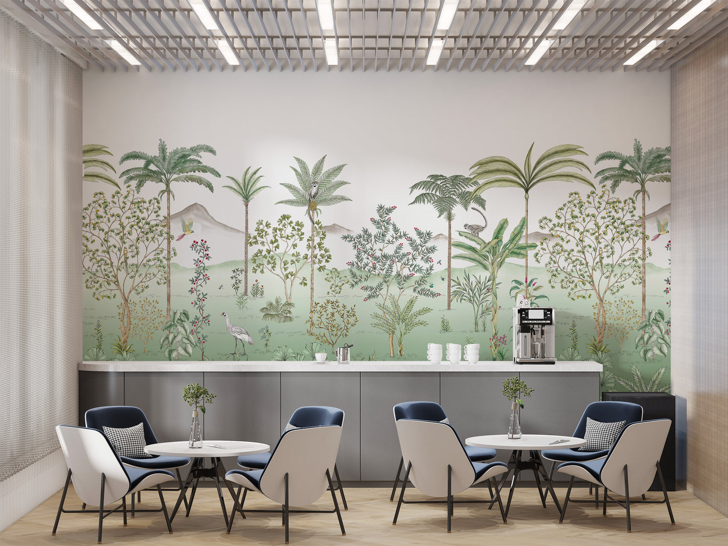 Lush green tropical chinoiserie wallpaper for walls